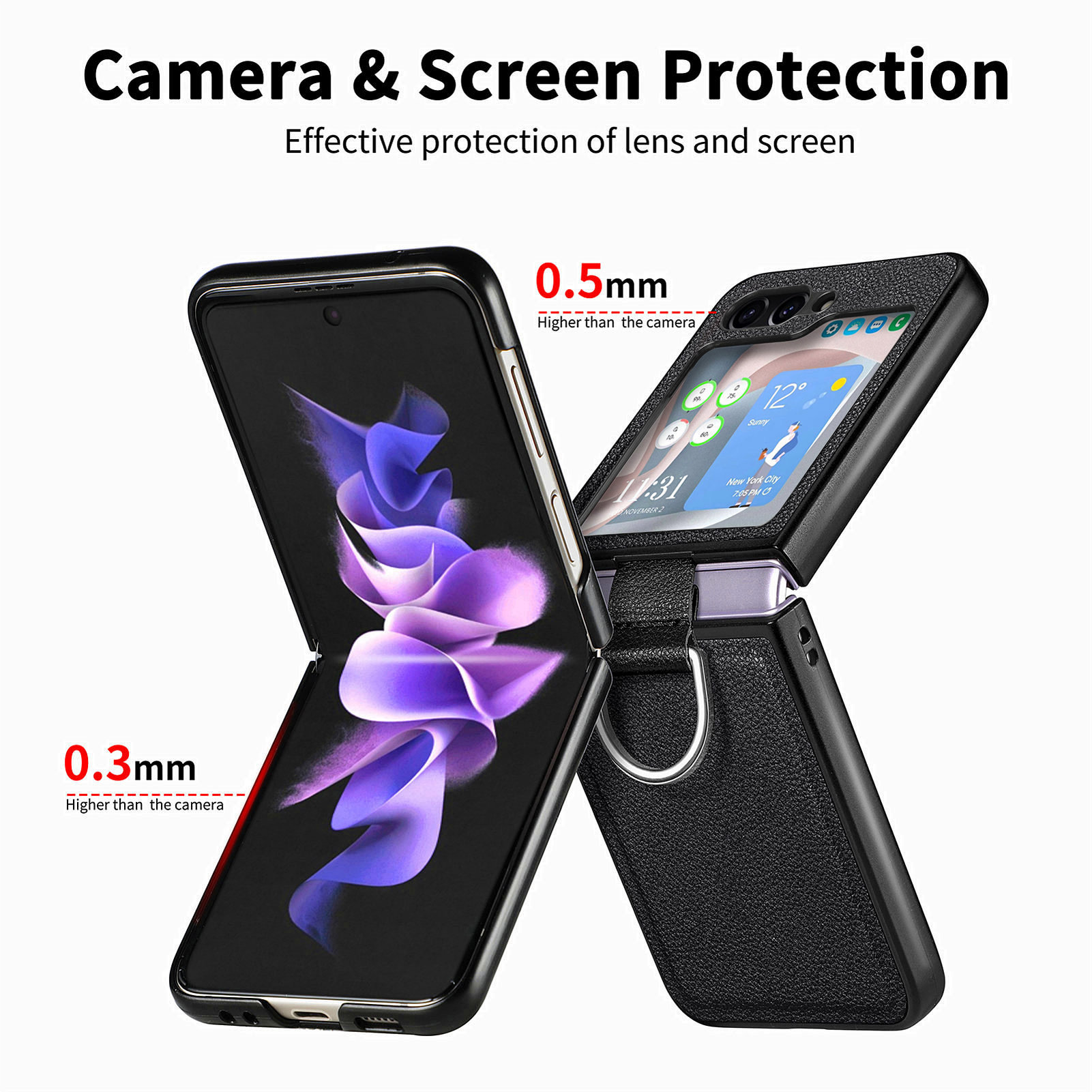 Compatible with Samsung Z Flip 8/7 phone case, 6/5 pebbled leather texture ring, 4/3 folding screen drop protection case