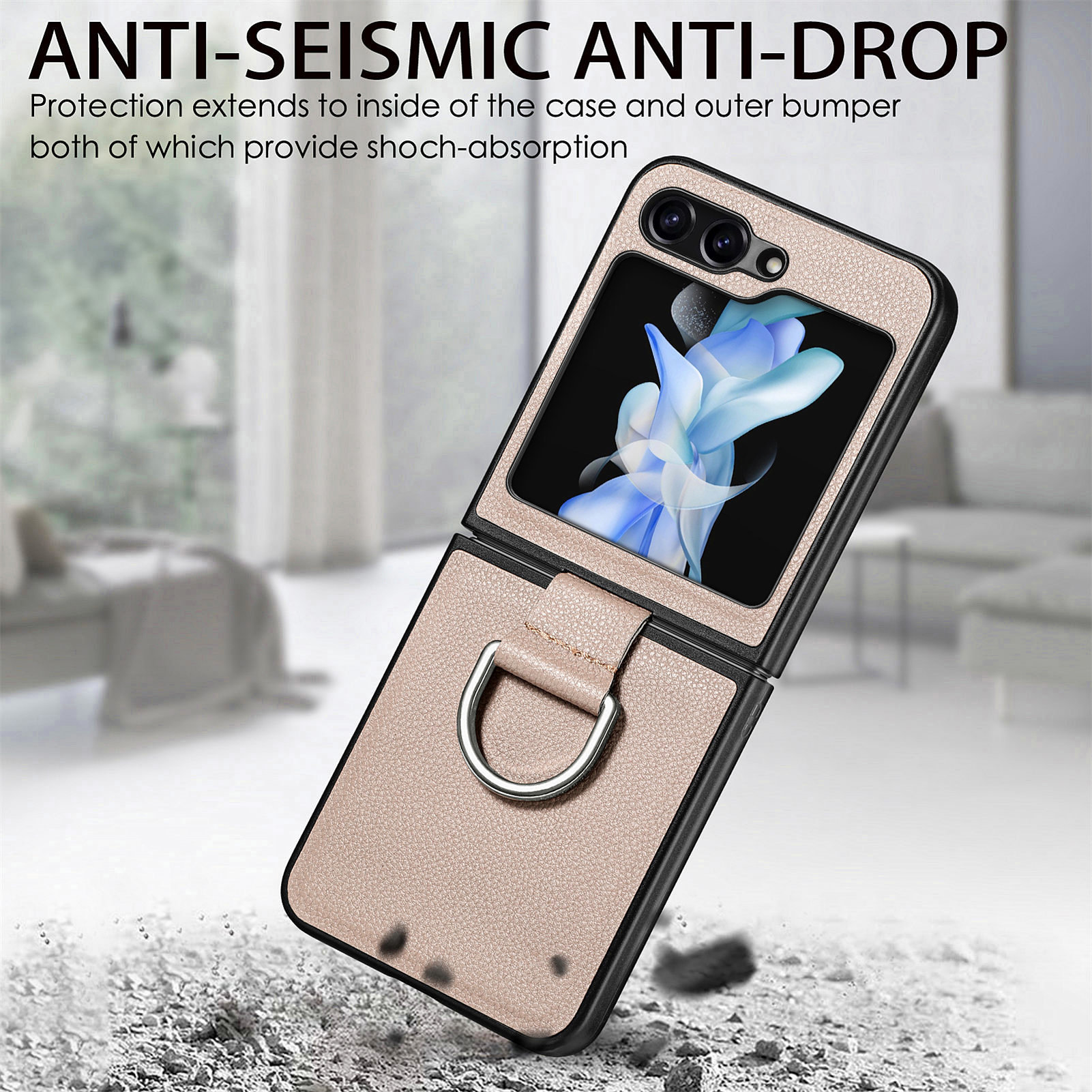 Compatible with Samsung Z Flip 8/7 phone case, 6/5 pebbled leather texture ring, 4/3 folding screen drop protection case
