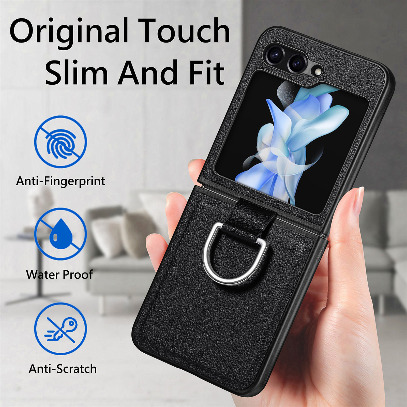 Compatible with Samsung Z Flip 8/7 phone case, 6/5 pebbled leather texture ring, 4/3 folding screen drop protection case