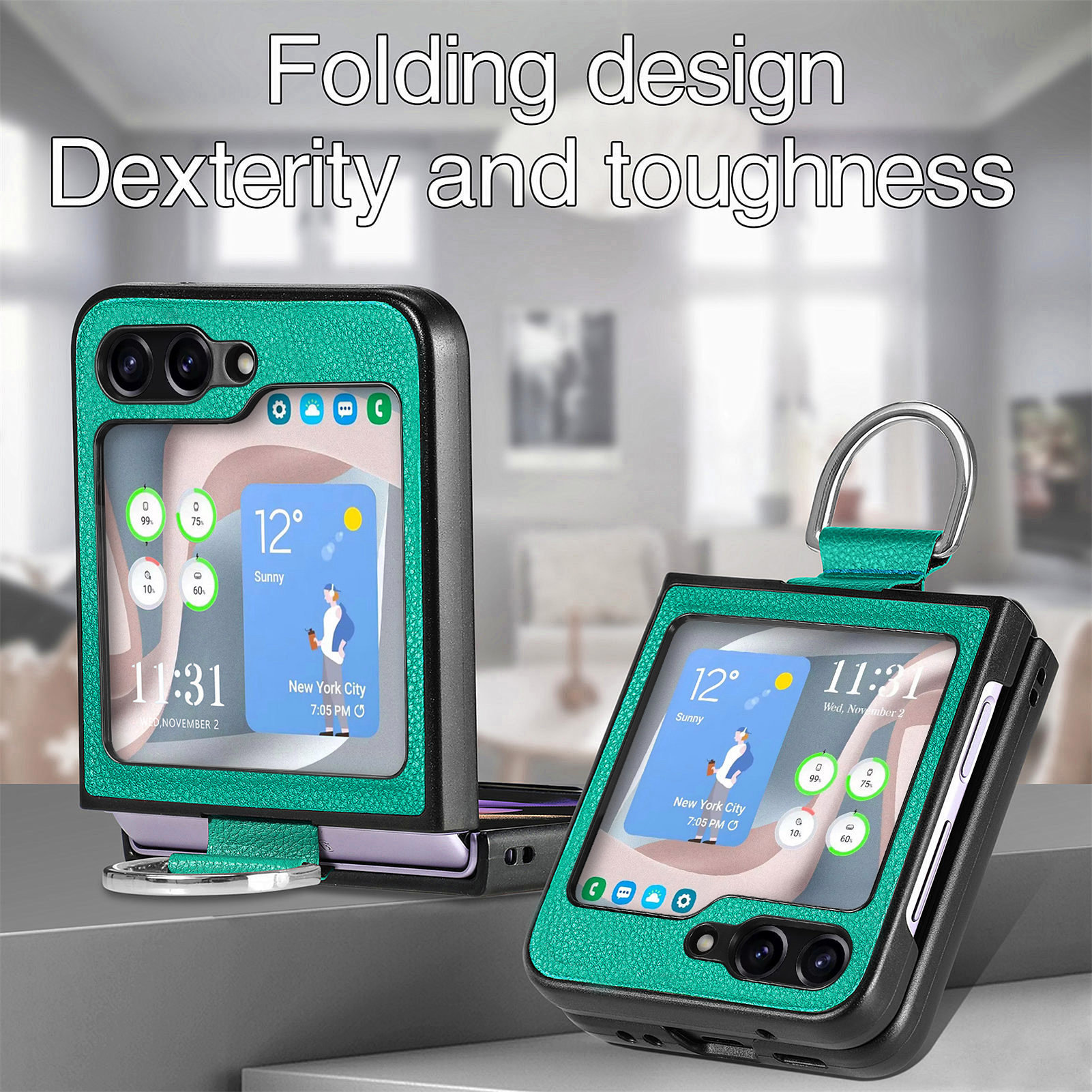 Compatible with Samsung Z Flip 8/7 phone case, 6/5 pebbled leather texture ring, 4/3 folding screen drop protection case