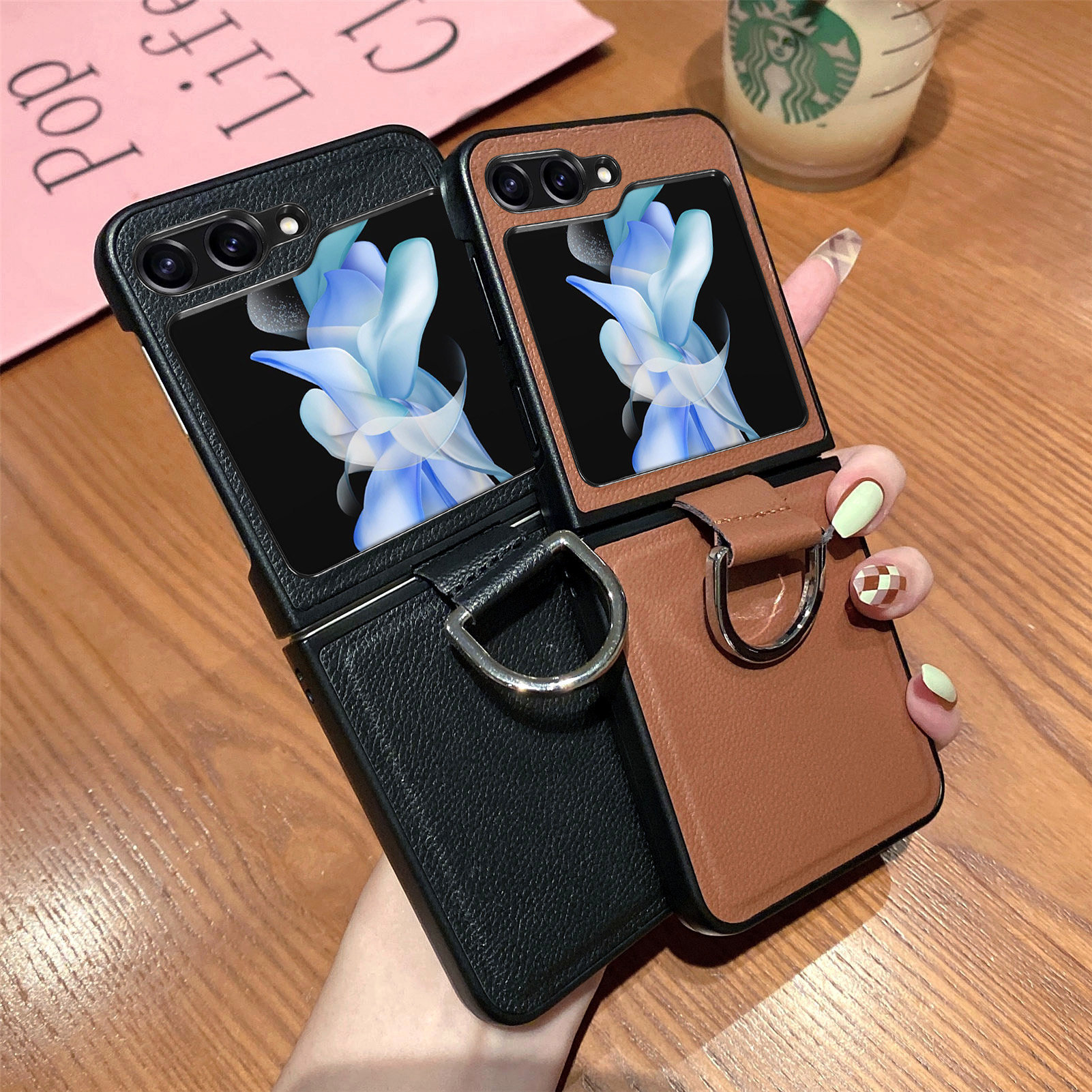 Compatible with Samsung Z Flip 8/7 phone case, 6/5 pebbled leather texture ring, 4/3 folding screen drop protection case