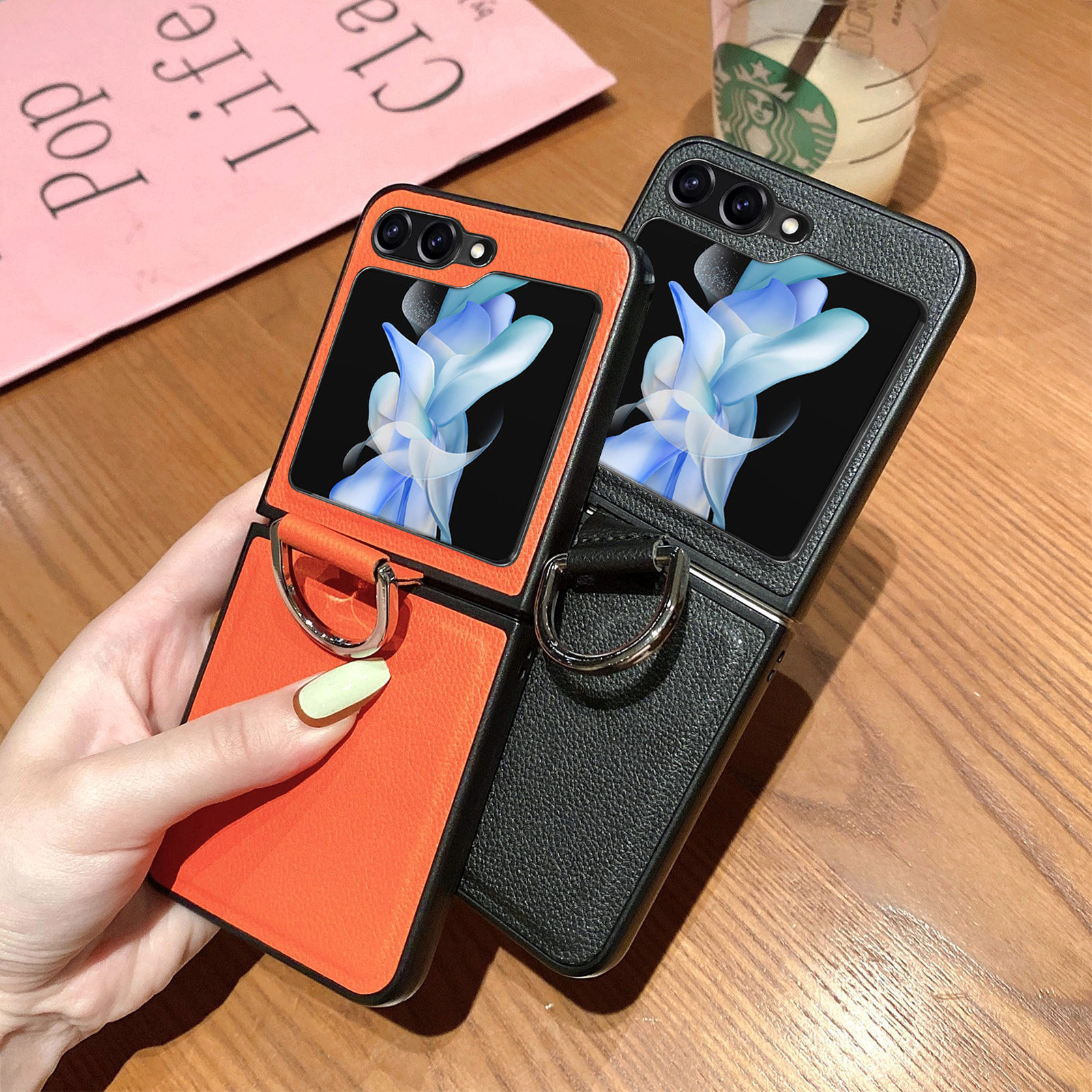 Compatible with Samsung Z Flip 8/7 phone case, 6/5 pebbled leather texture ring, 4/3 folding screen drop protection case