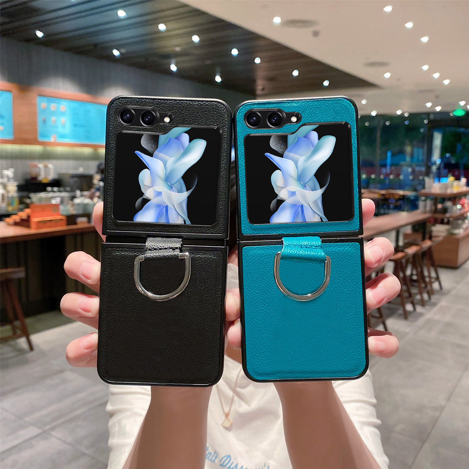 Compatible with Samsung Z Flip 8/7 phone case, 6/5 pebbled leather texture ring, 4/3 folding screen drop protection case