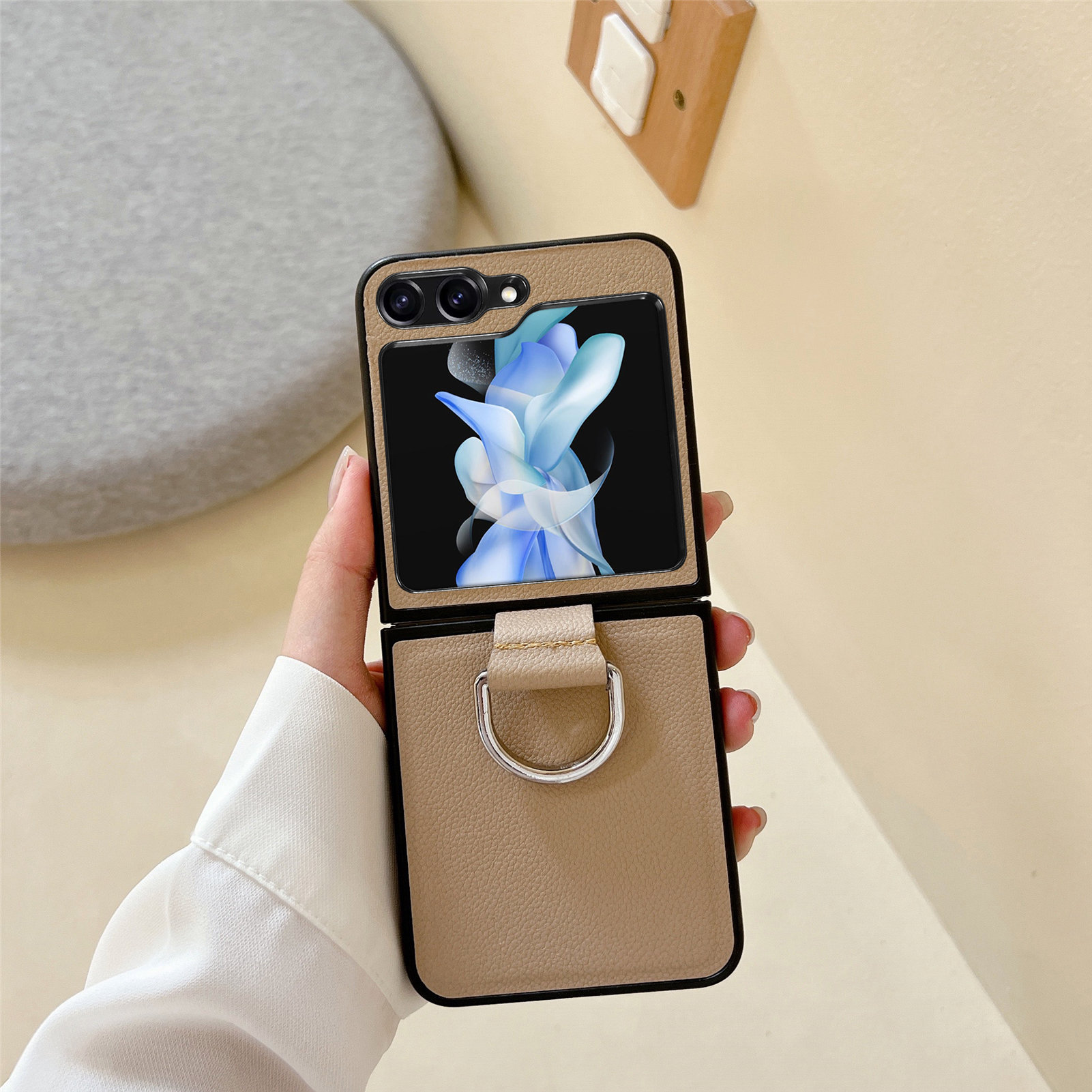 Compatible with Samsung Z Flip 8/7 phone case, 6/5 pebbled leather texture ring, 4/3 folding screen drop protection case