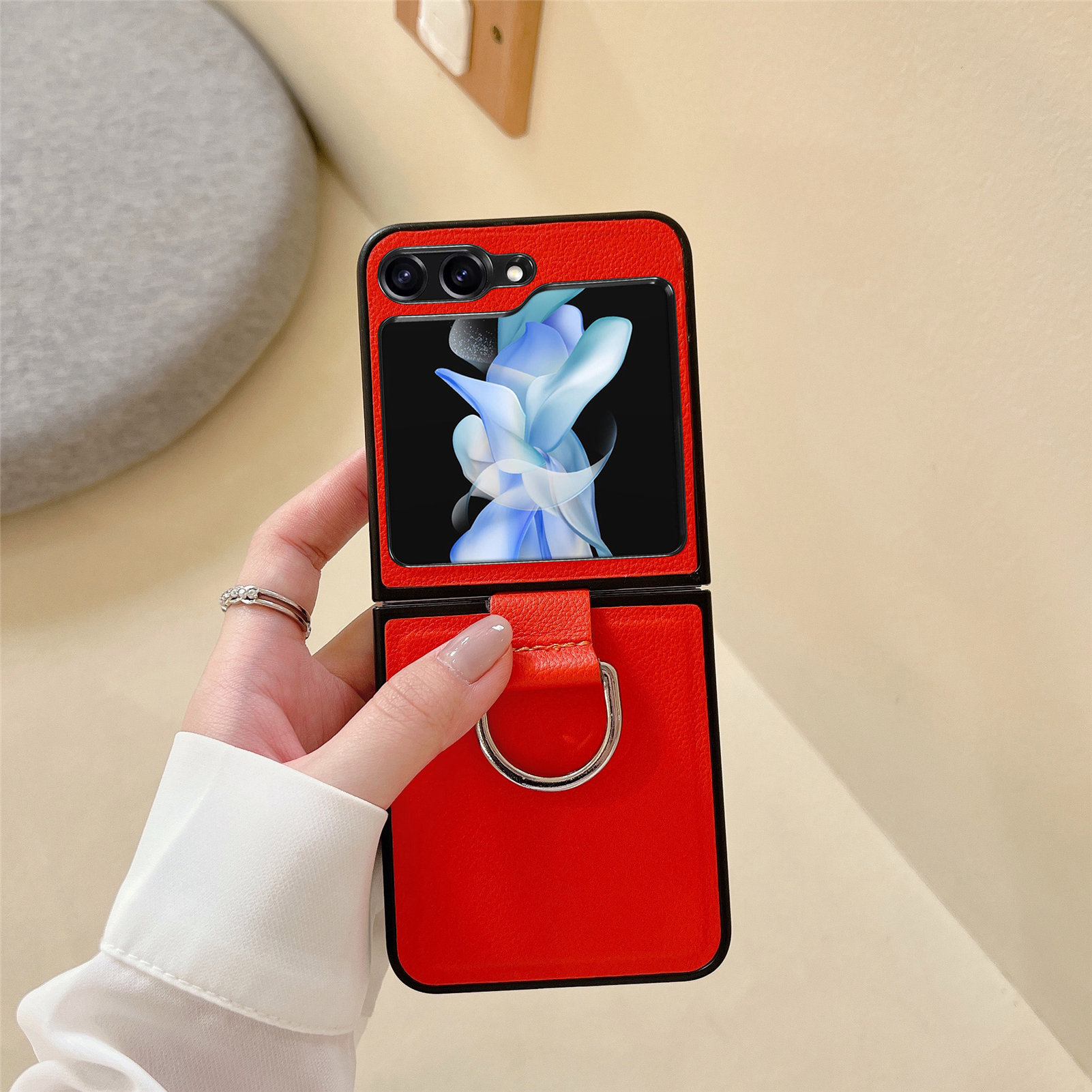 Compatible with Samsung Z Flip 8/7 phone case, 6/5 pebbled leather texture ring, 4/3 folding screen drop protection case