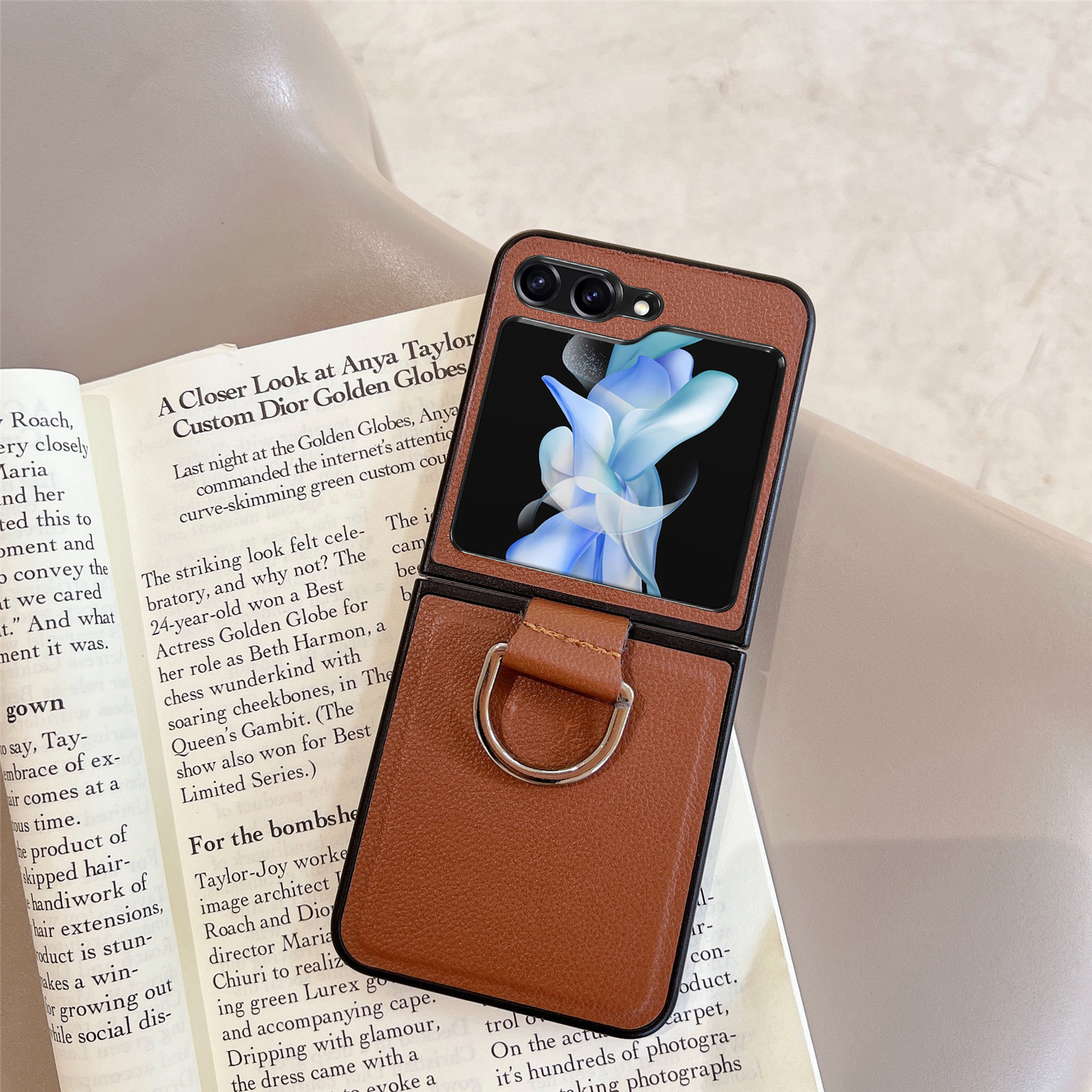 Compatible with Samsung Z Flip 8/7 phone case, 6/5 pebbled leather texture ring, 4/3 folding screen drop protection case