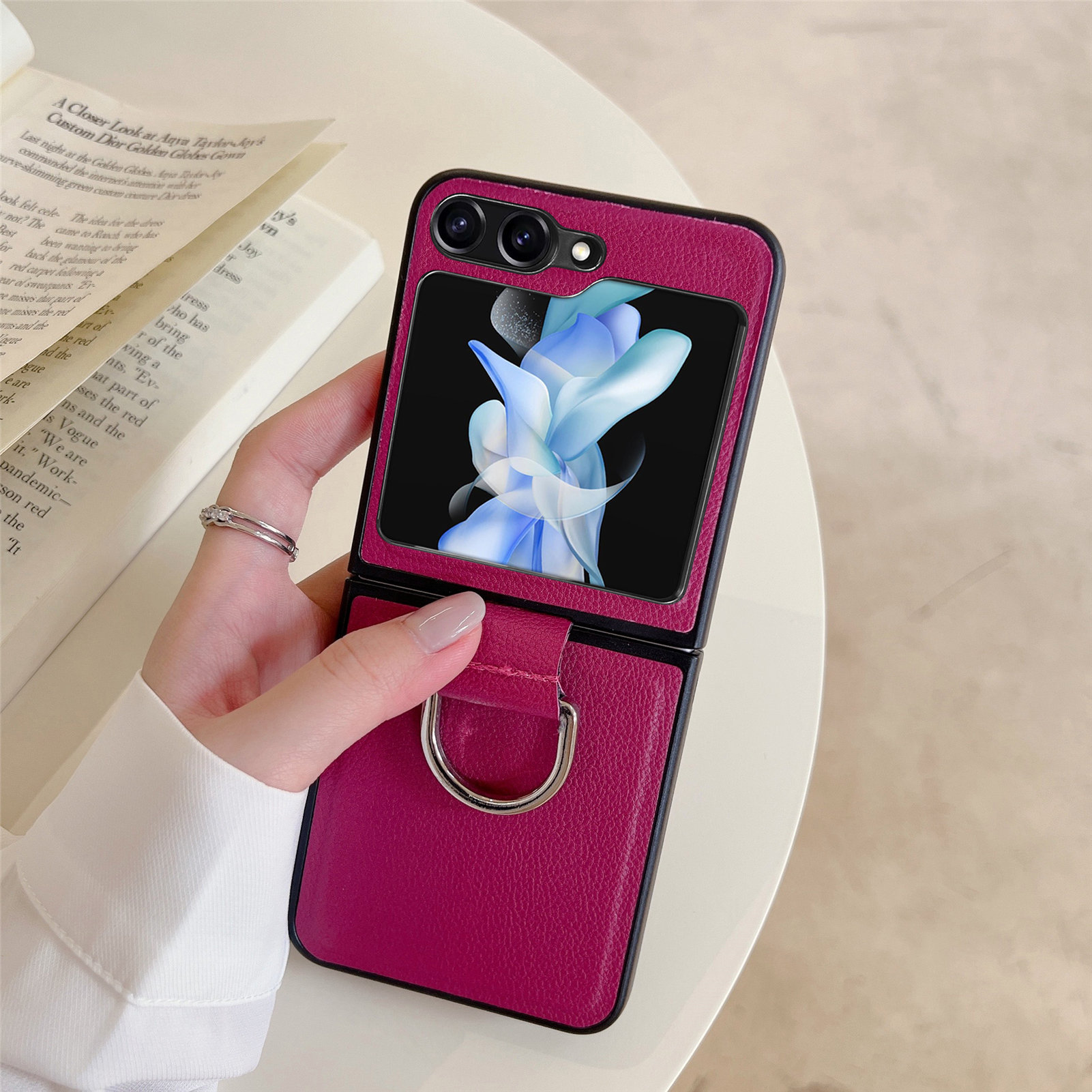 Compatible with Samsung Z Flip 8/7 phone case, 6/5 pebbled leather texture ring, 4/3 folding screen drop protection case