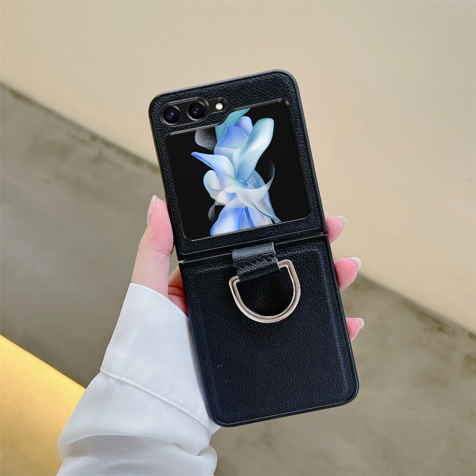 Compatible with Samsung Z Flip 8/7 phone case, 6/5 pebbled leather texture ring, 4/3 folding screen drop protection case