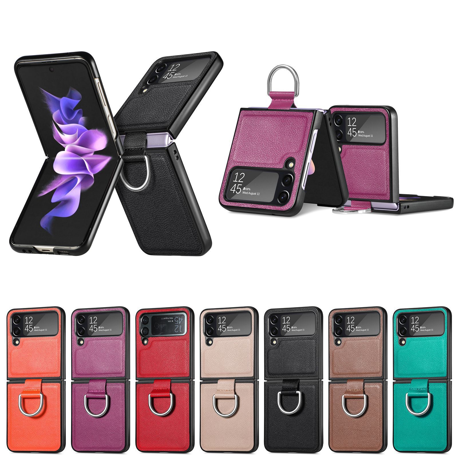 Compatible with Samsung Z Flip 8/7 phone case, 6/5 pebbled leather texture ring, 4/3 folding screen drop protection case