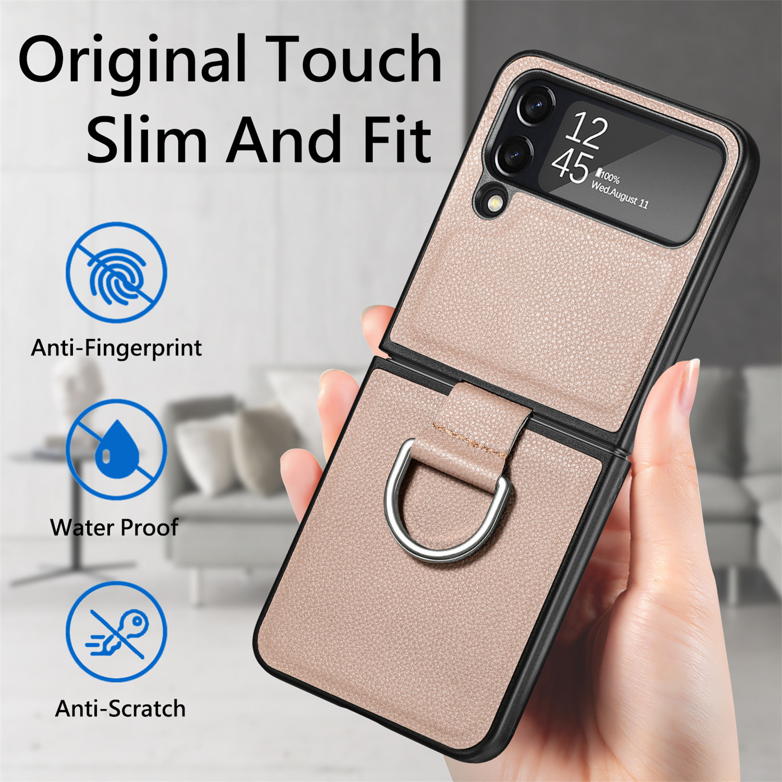 Compatible with Samsung Z Flip 8/7 phone case, 6/5 pebbled leather texture ring, 4/3 folding screen drop protection case