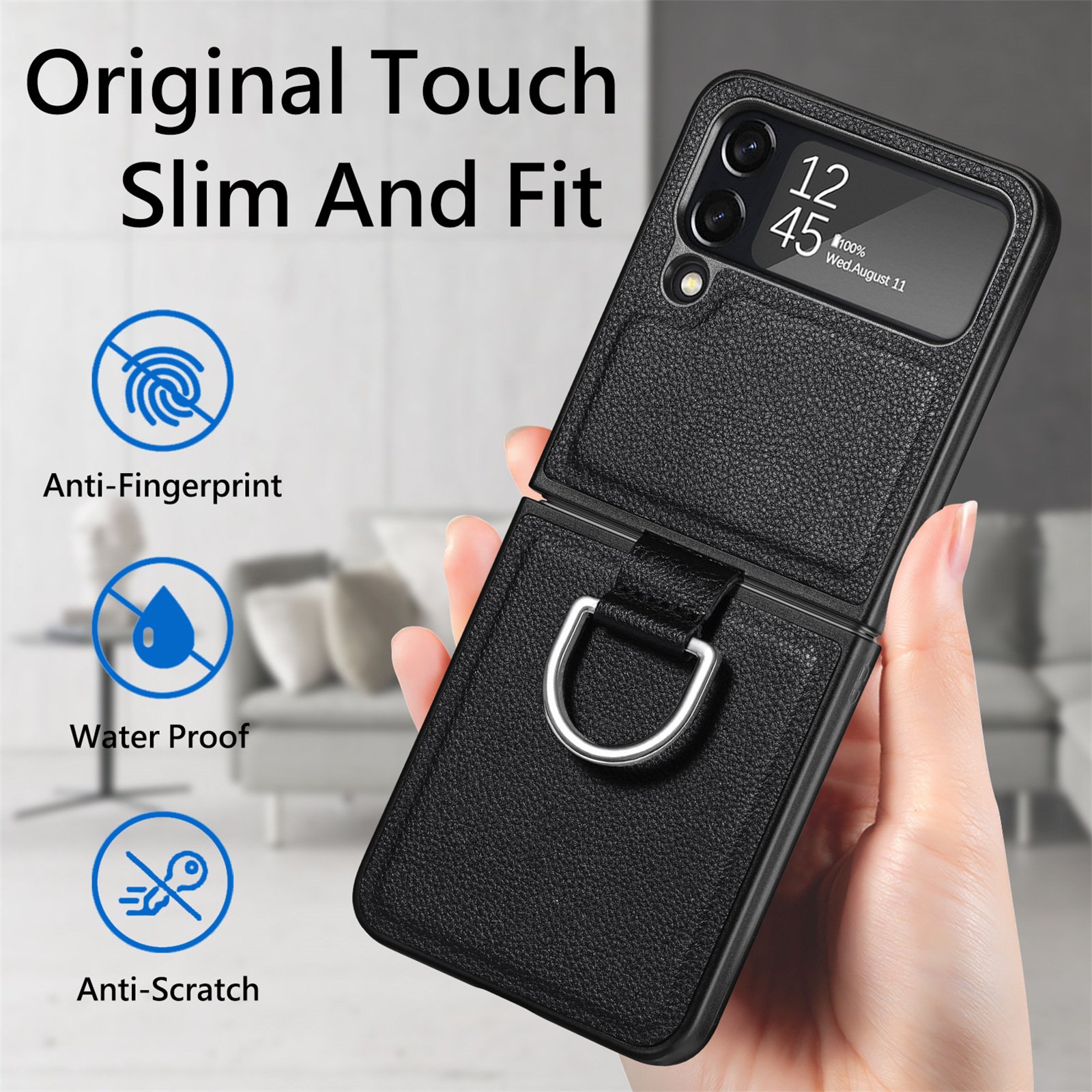 Compatible with Samsung Z Flip 8/7 phone case, 6/5 pebbled leather texture ring, 4/3 folding screen drop protection case