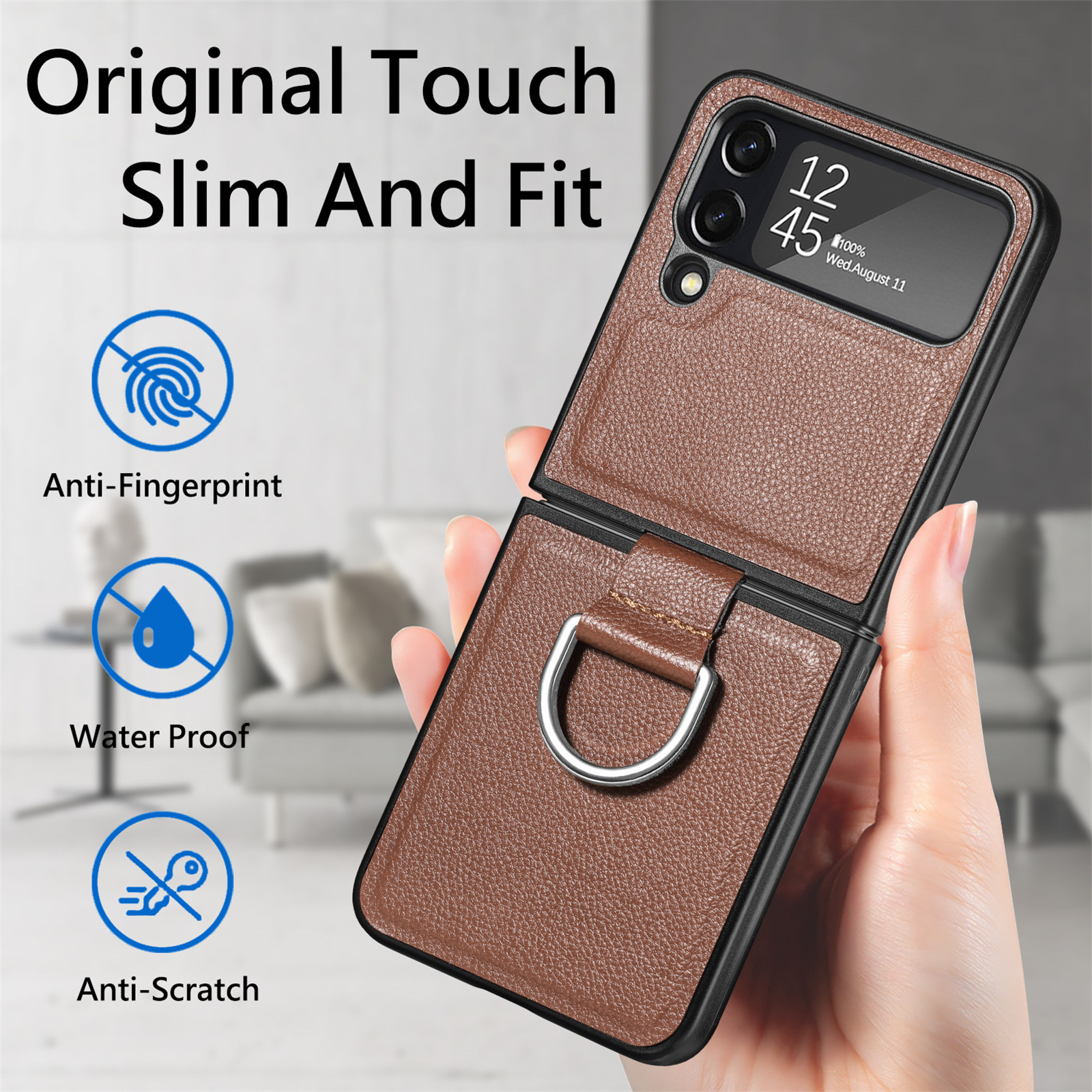 Compatible with Samsung Z Flip 8/7 phone case, 6/5 pebbled leather texture ring, 4/3 folding screen drop protection case