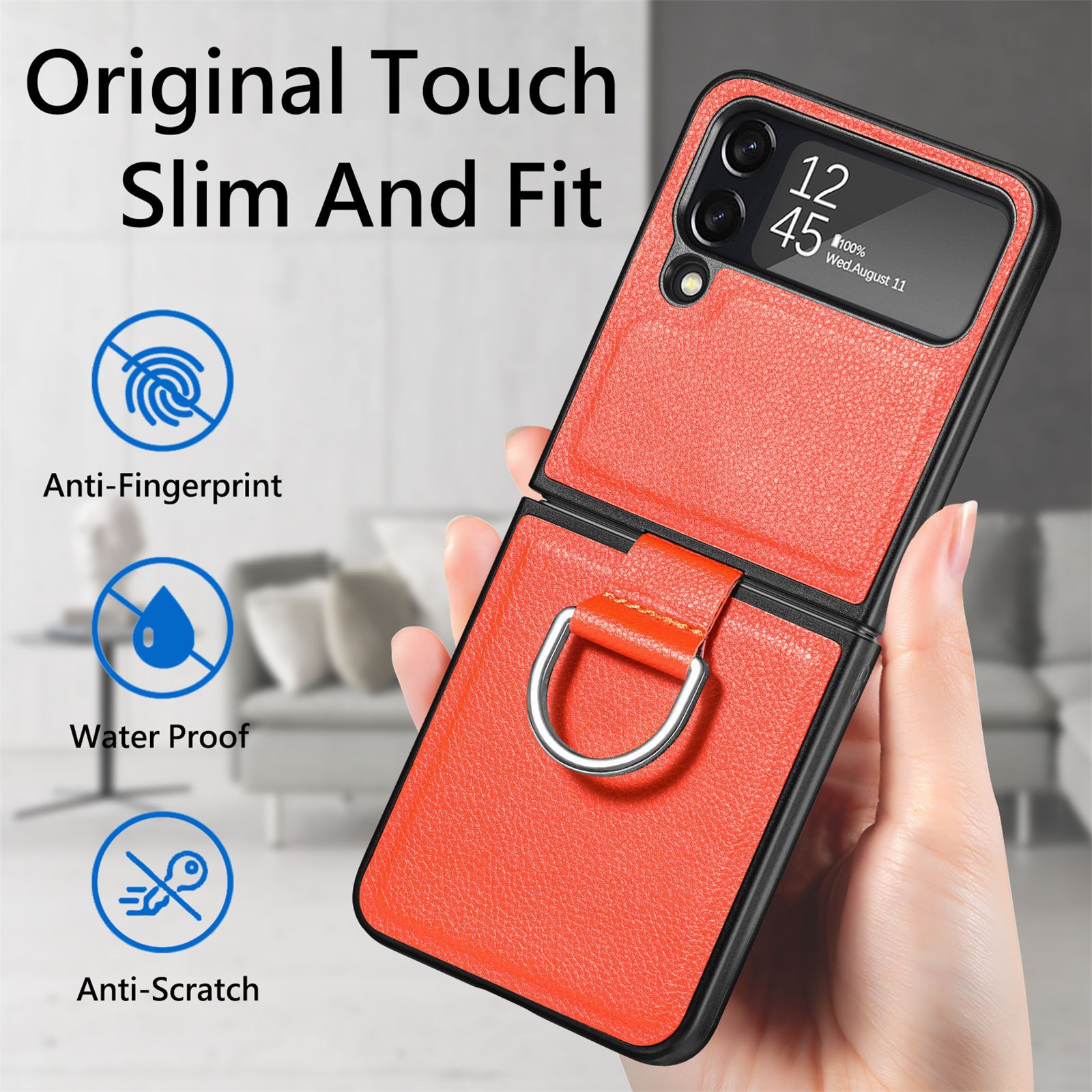 Compatible with Samsung Z Flip 8/7 phone case, 6/5 pebbled leather texture ring, 4/3 folding screen drop protection case