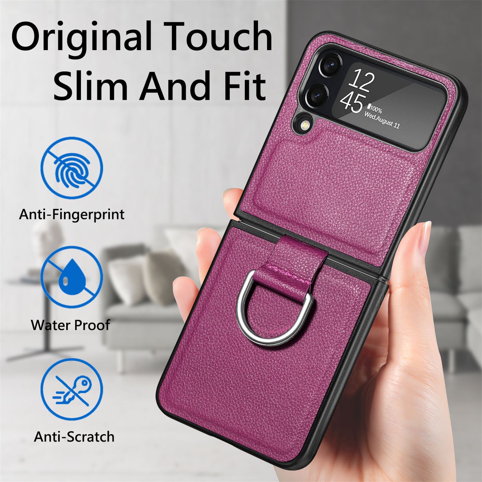 Compatible with Samsung Z Flip 8/7 phone case, 6/5 pebbled leather texture ring, 4/3 folding screen drop protection case