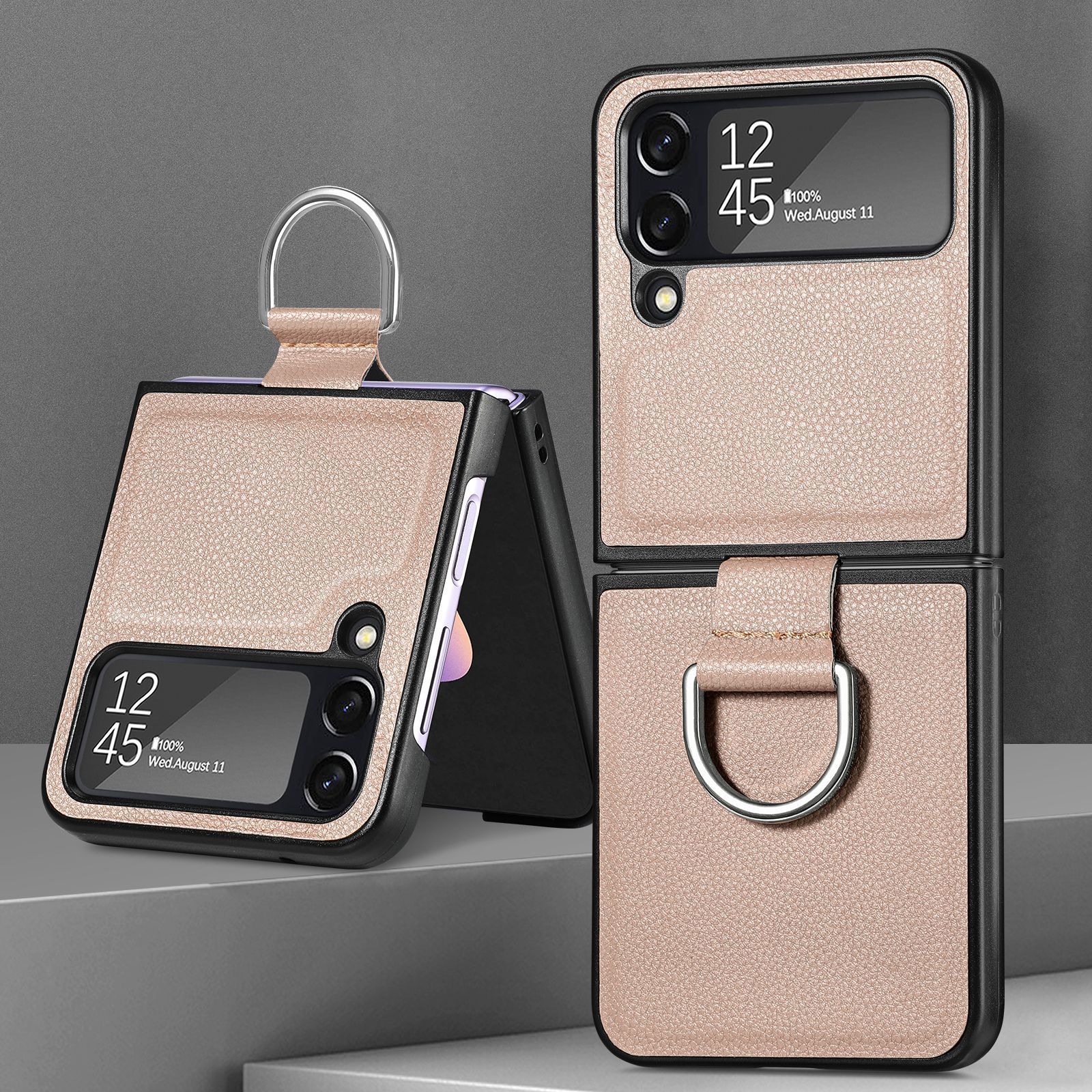 Compatible with Samsung Z Flip 8/7 phone case, 6/5 pebbled leather texture ring, 4/3 folding screen drop protection case