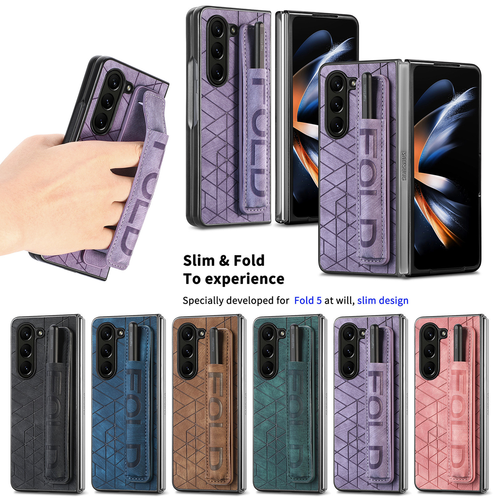 Compatible Samsung Z Fold8U phone case 7/6/5 wrist strap letter pen holder vegan leather 4/3 shockproof protective case