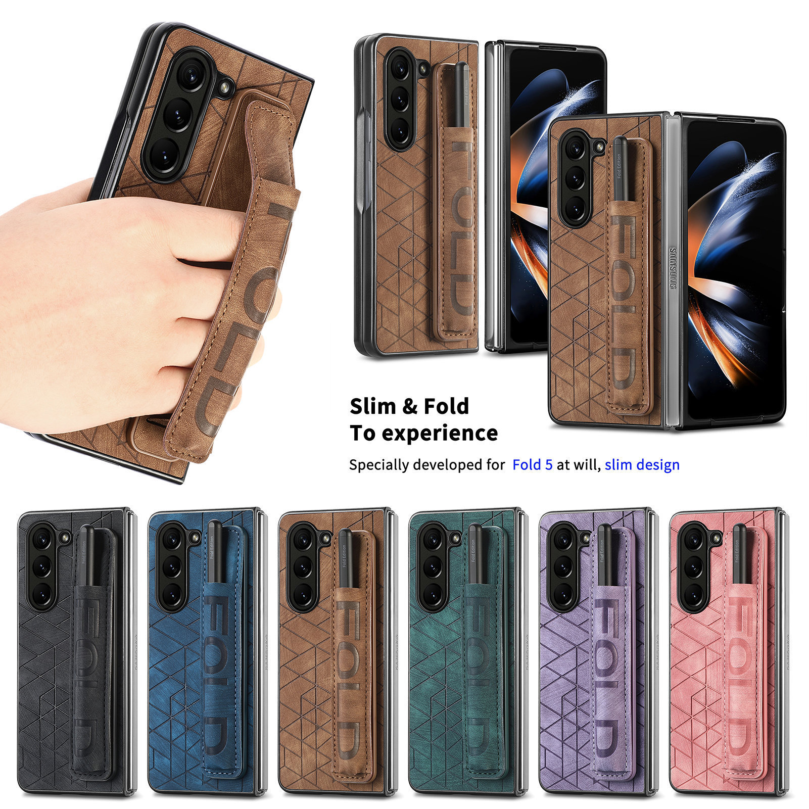 Compatible Samsung Z Fold8U phone case 7/6/5 wrist strap letter pen holder vegan leather 4/3 shockproof protective case