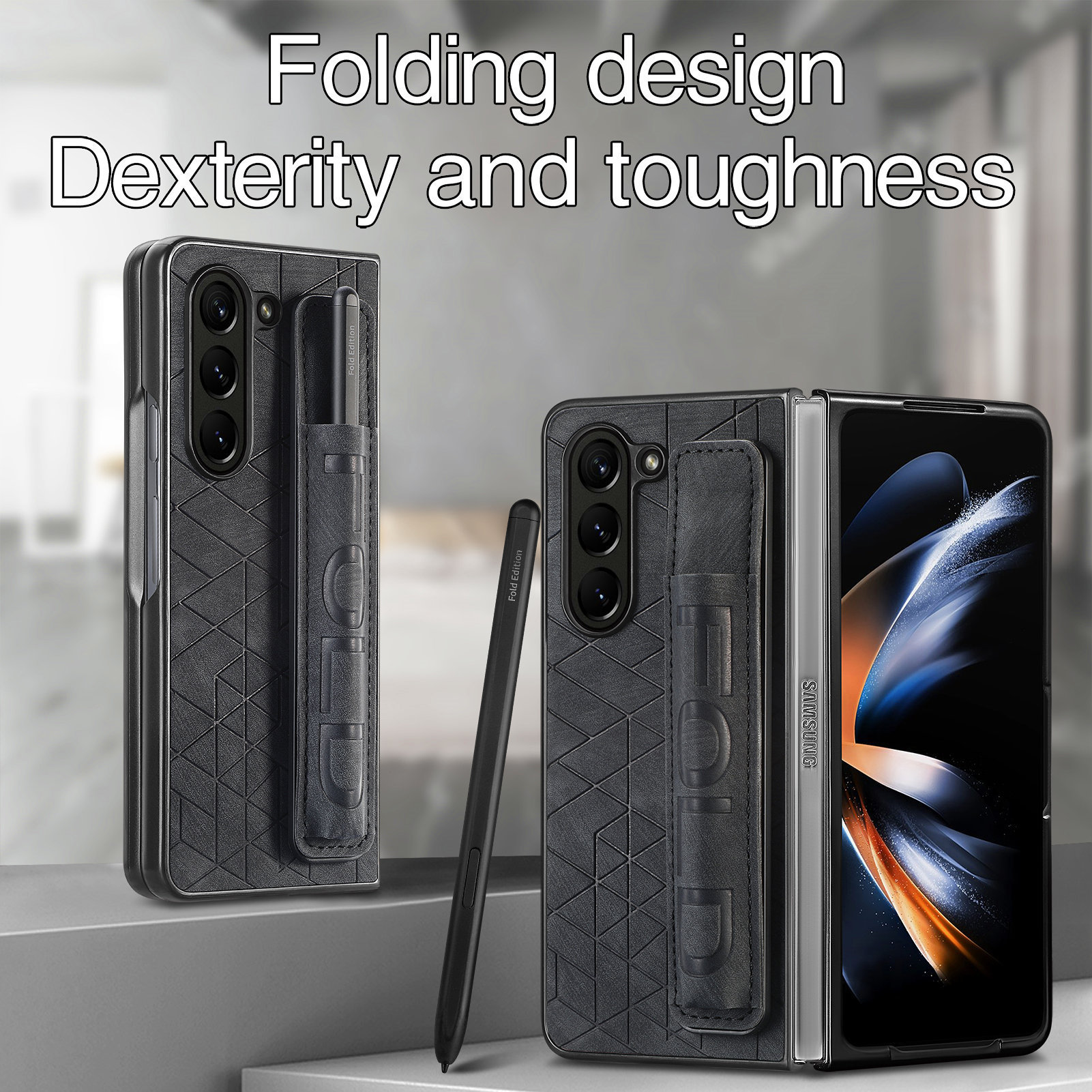 Compatible Samsung Z Fold8U phone case 7/6/5 wrist strap letter pen holder vegan leather 4/3 shockproof protective case