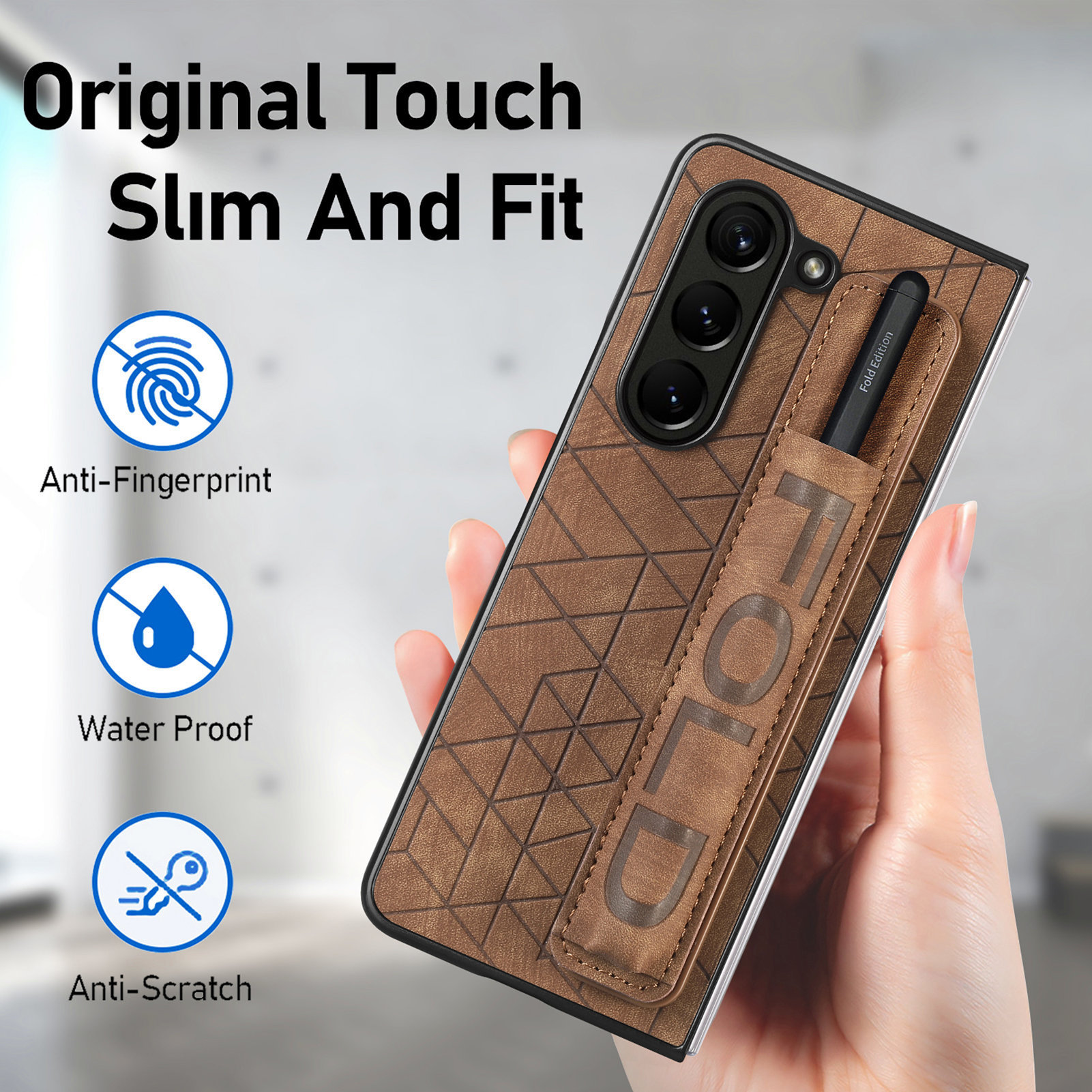 Compatible Samsung Z Fold8U phone case 7/6/5 wrist strap letter pen holder vegan leather 4/3 shockproof protective case