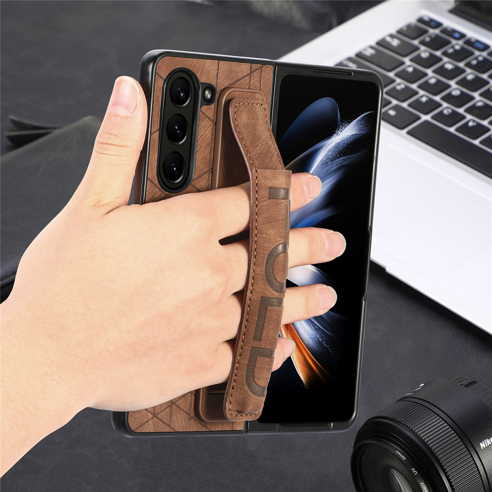 Compatible Samsung Z Fold8U phone case 7/6/5 wrist strap letter pen holder vegan leather 4/3 shockproof protective case