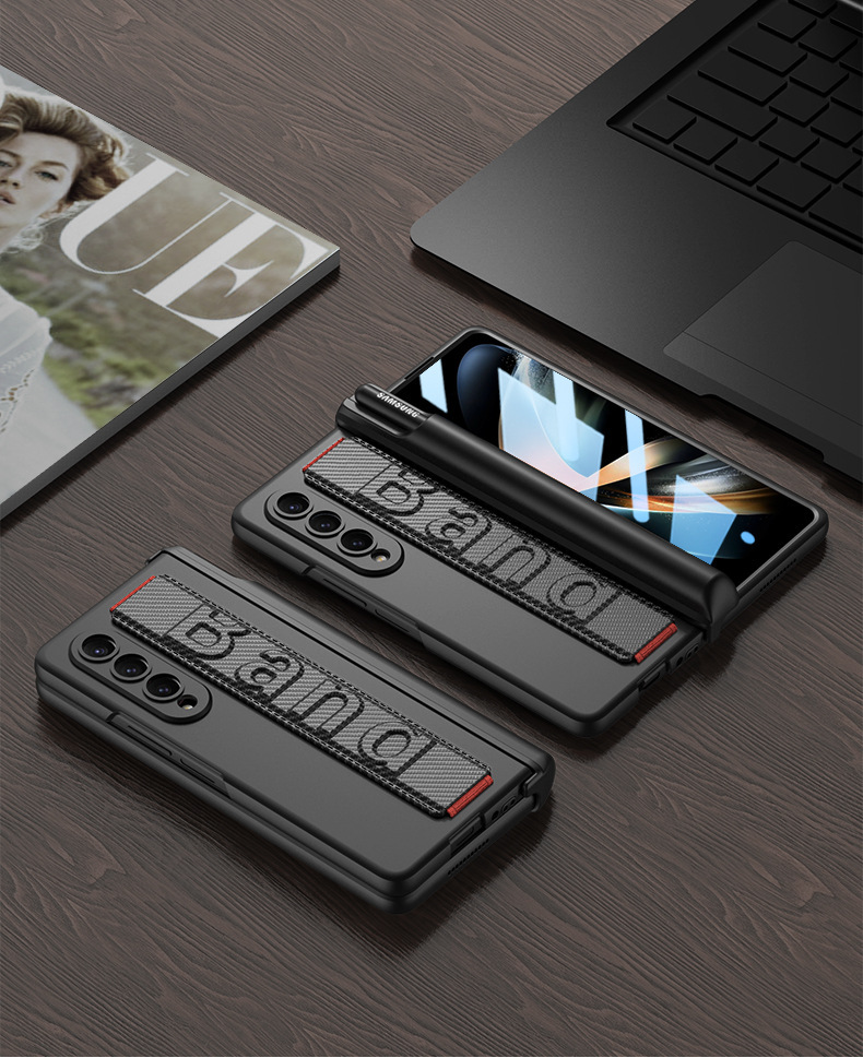 Compatible with Samsung Z Fold4 folding phone case, wristband, magnetic hinge, full-coverage case, pull-out pen holder protective case.