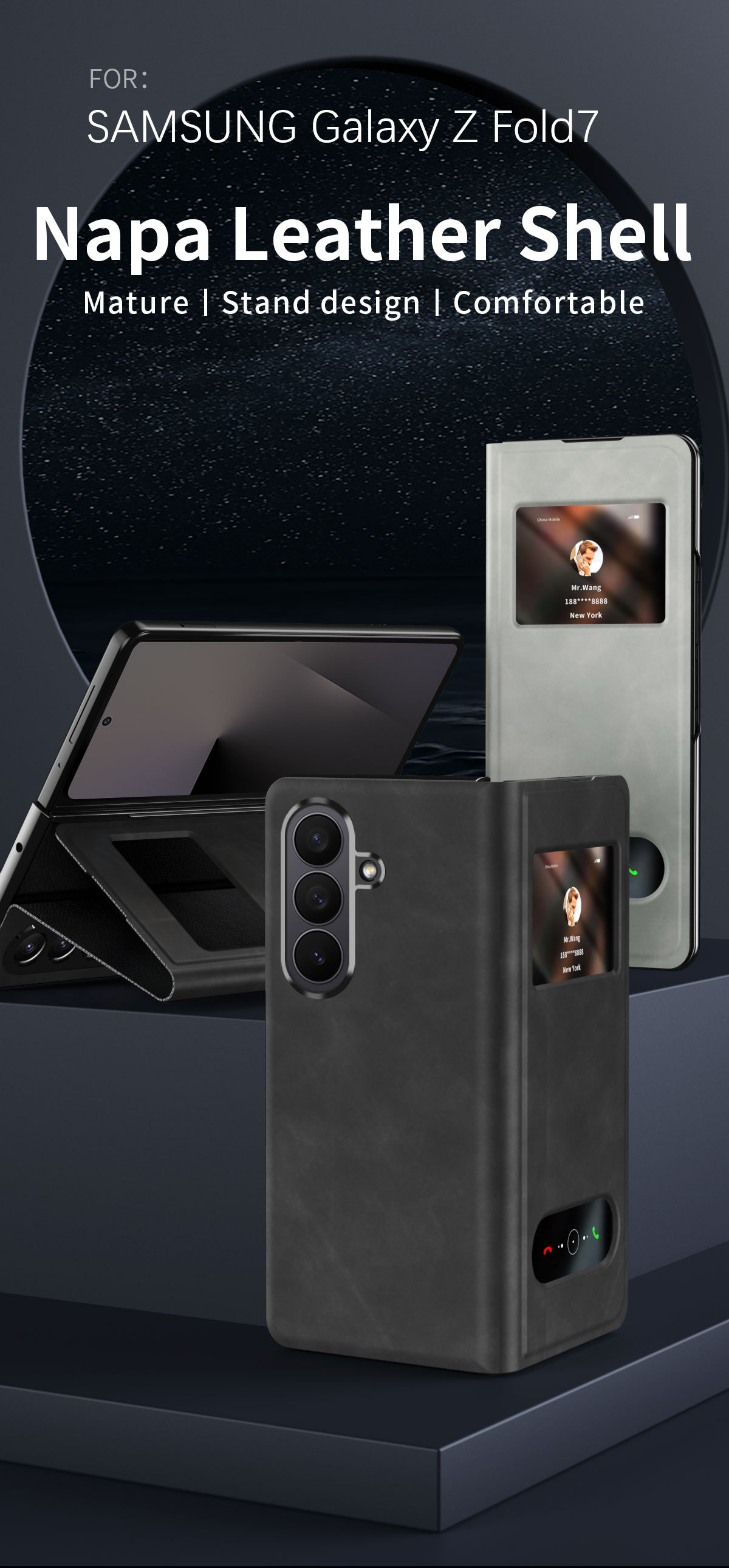 Compatible with Samsung Z Fold8/7/6 phone cases, 5/4/3-inch window, vegan leather, lychee texture, foldable screen, drop-proof protective case.
