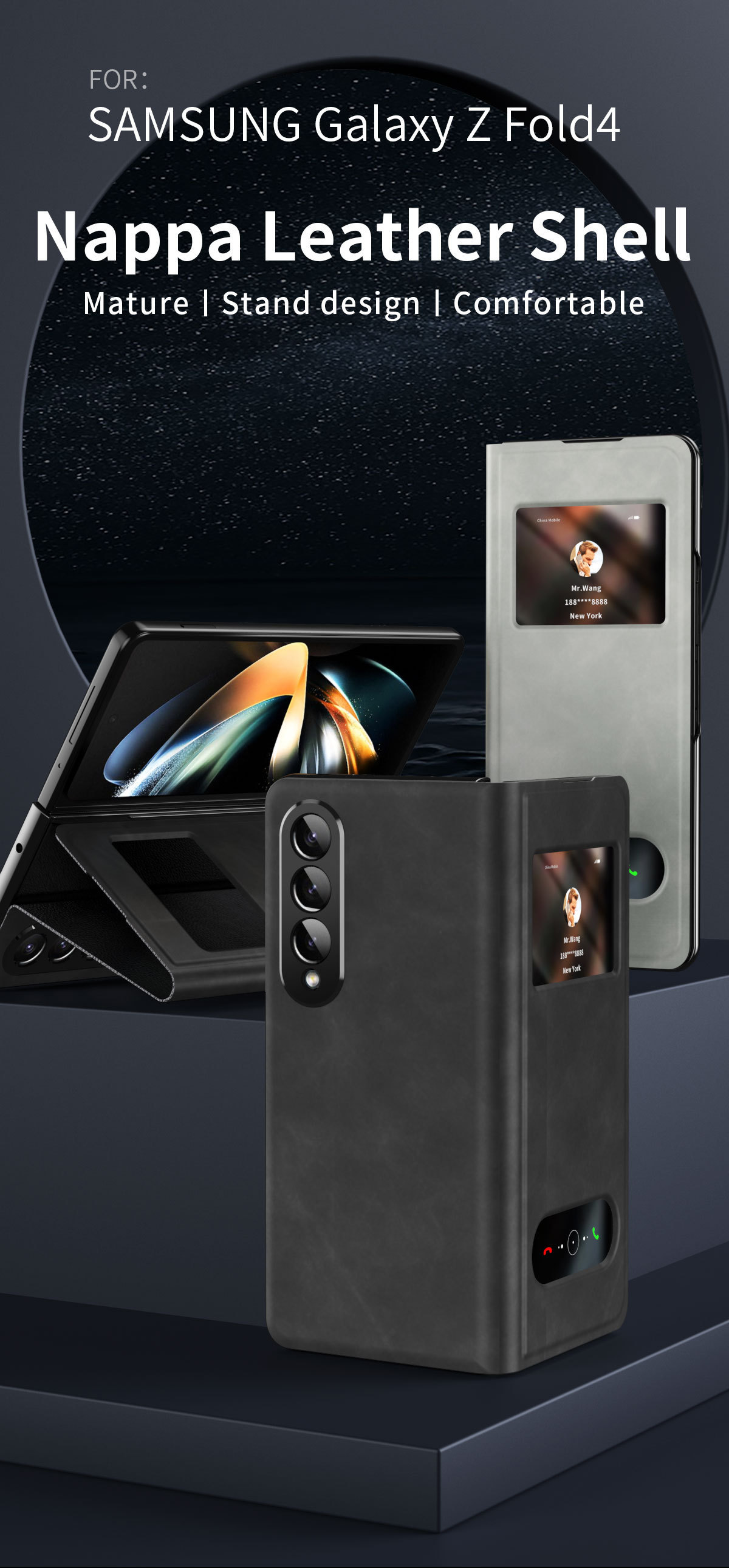 Compatible with Samsung Z Fold8/7/6 phone cases, 5/4/3-inch window, vegan leather, lychee texture, foldable screen, drop-proof protective case.