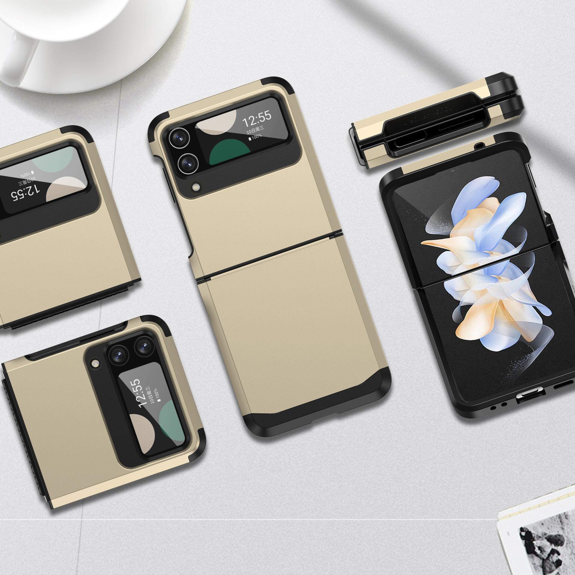 Compatible with Samsung Z Flip 6/5 phone case, 4/3 integrated hinge, color-blocked armor, stylish couple folding protective case