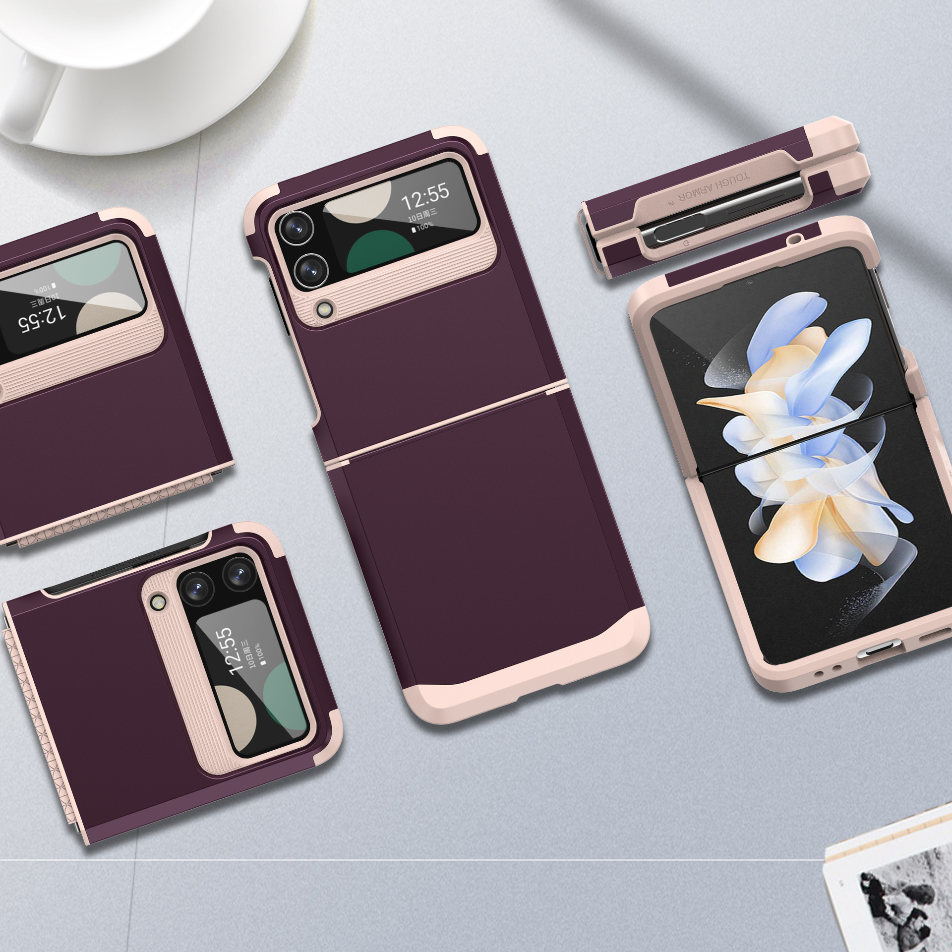 Compatible with Samsung Z Flip 6/5 phone case, 4/3 integrated hinge, color-blocked armor, stylish couple folding protective case