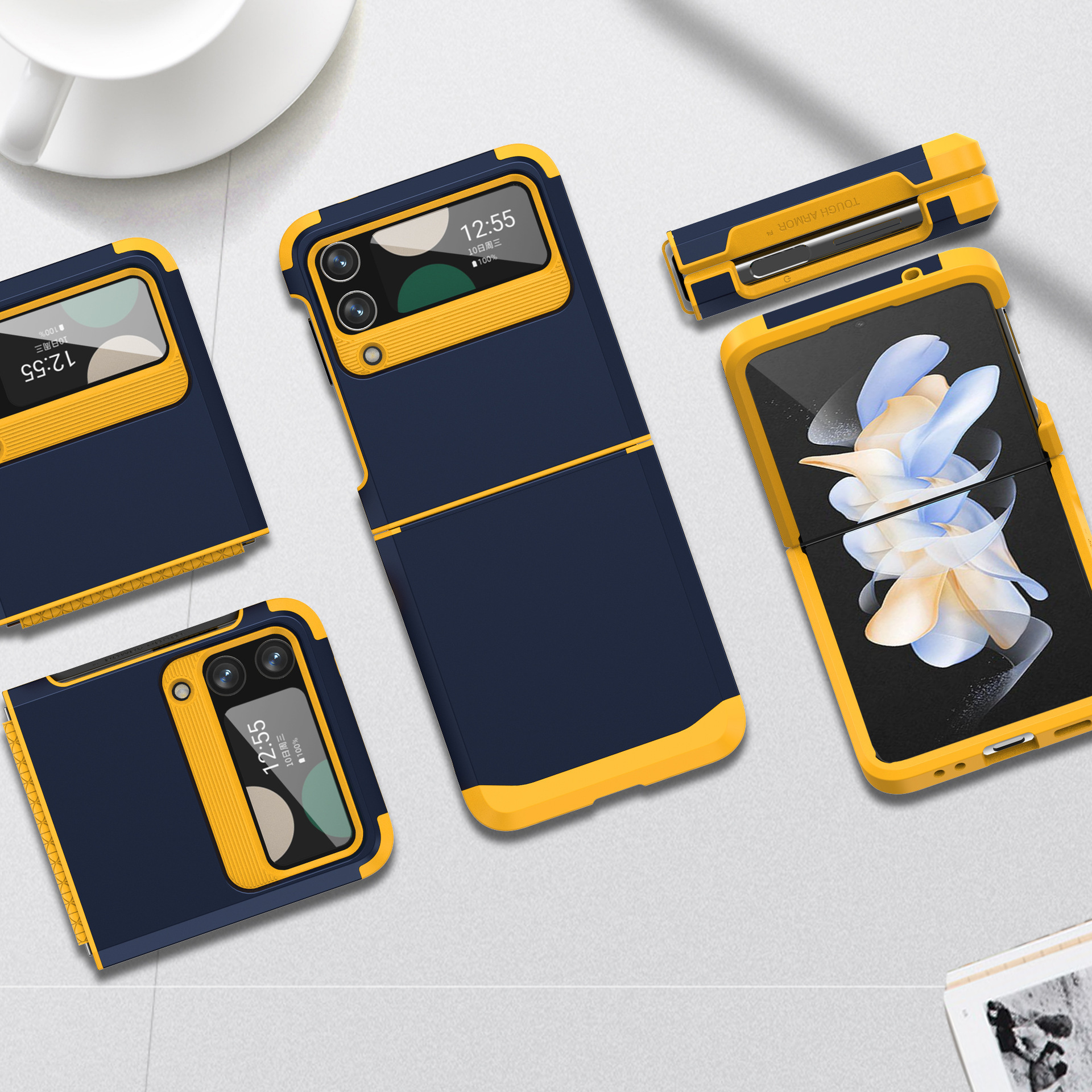 Compatible with Samsung Z Flip 6/5 phone case, 4/3 integrated hinge, color-blocked armor, stylish couple folding protective case