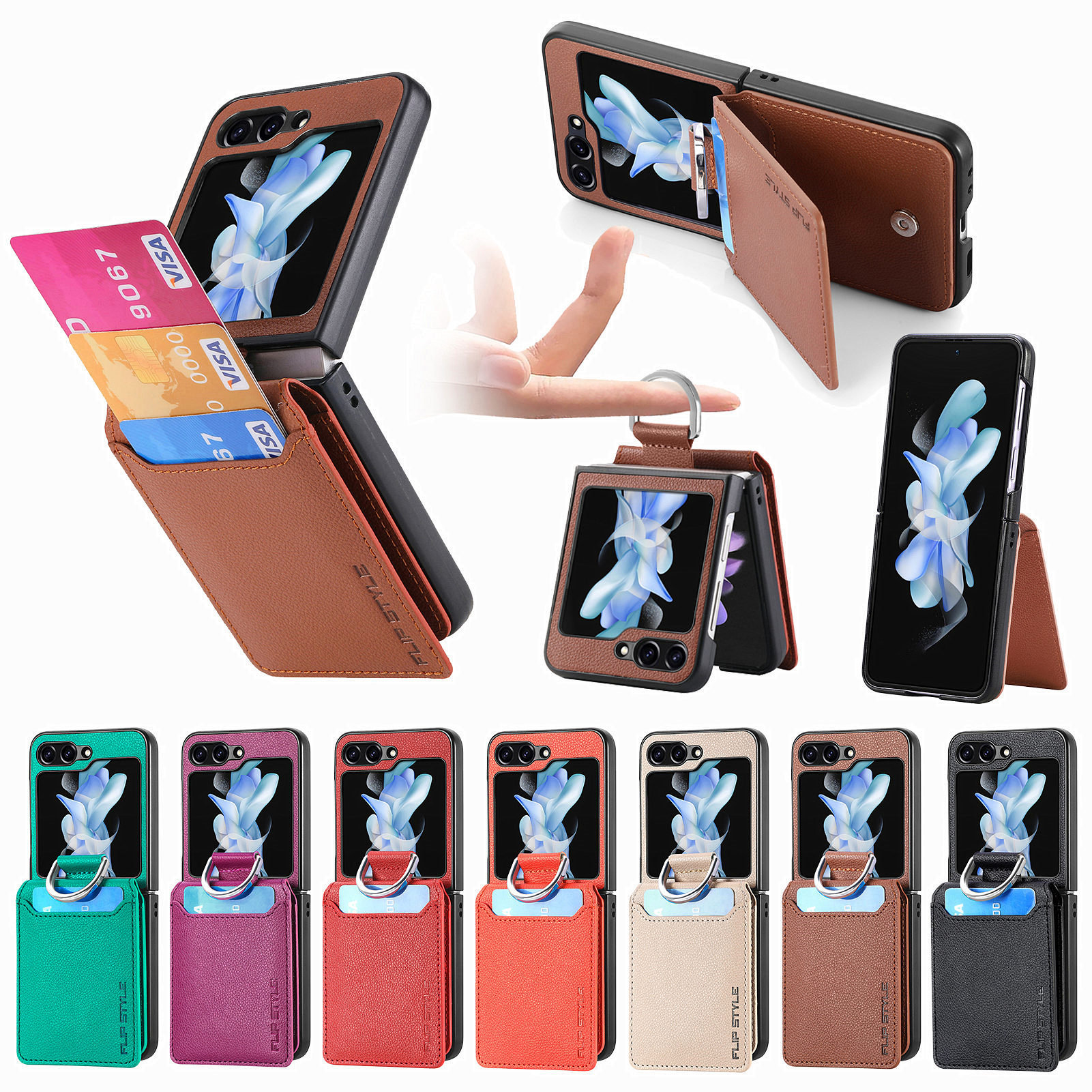 Compatible with Samsung Z Flip 8/7 phone case, 6/5 ring card holder, 4/3 folding screen, drop-proof protective case