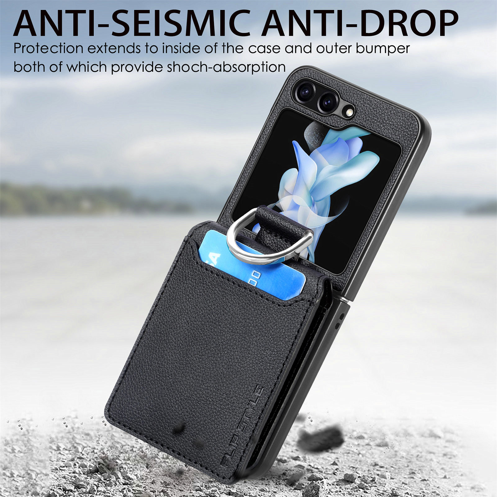 Compatible with Samsung Z Flip 8/7 phone case, 6/5 ring card holder, 4/3 folding screen, drop-proof protective case
