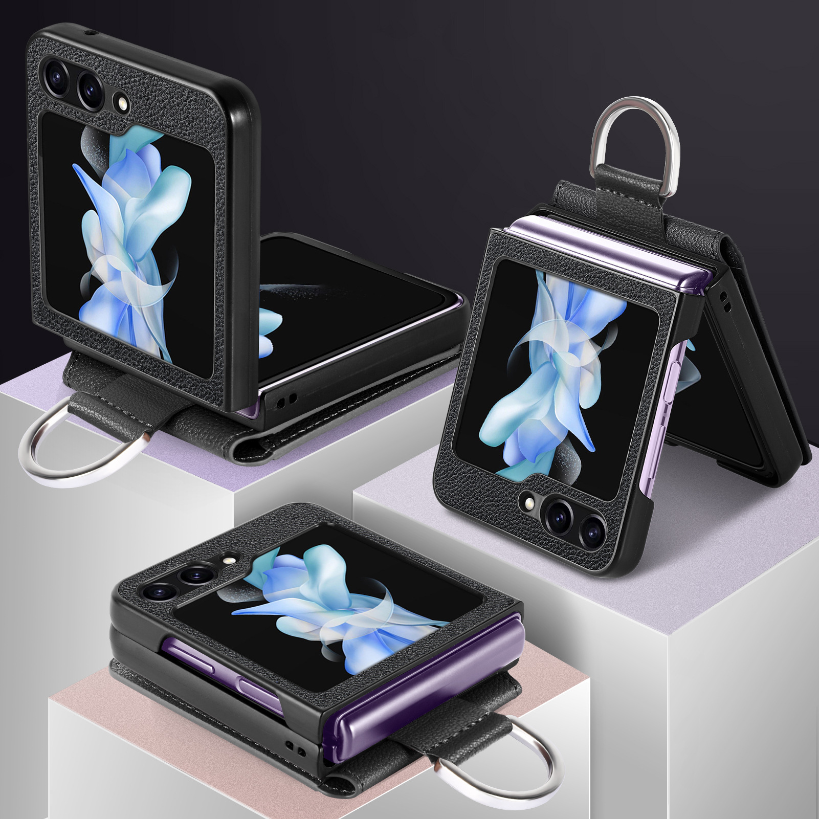 Compatible with Samsung Z Flip 8/7 phone case, 6/5 ring card holder, 4/3 folding screen, drop-proof protective case