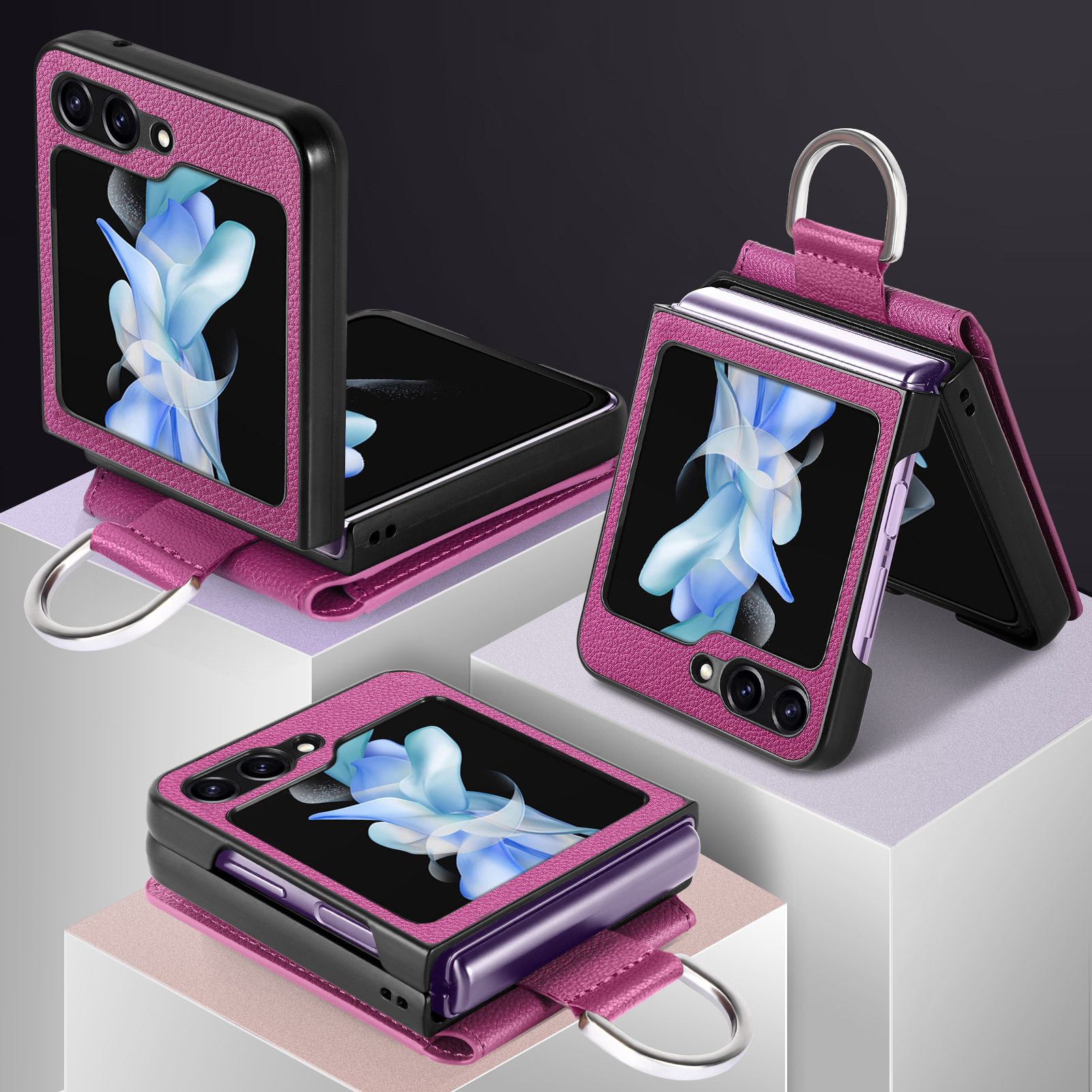 Compatible with Samsung Z Flip 8/7 phone case, 6/5 ring card holder, 4/3 folding screen, drop-proof protective case
