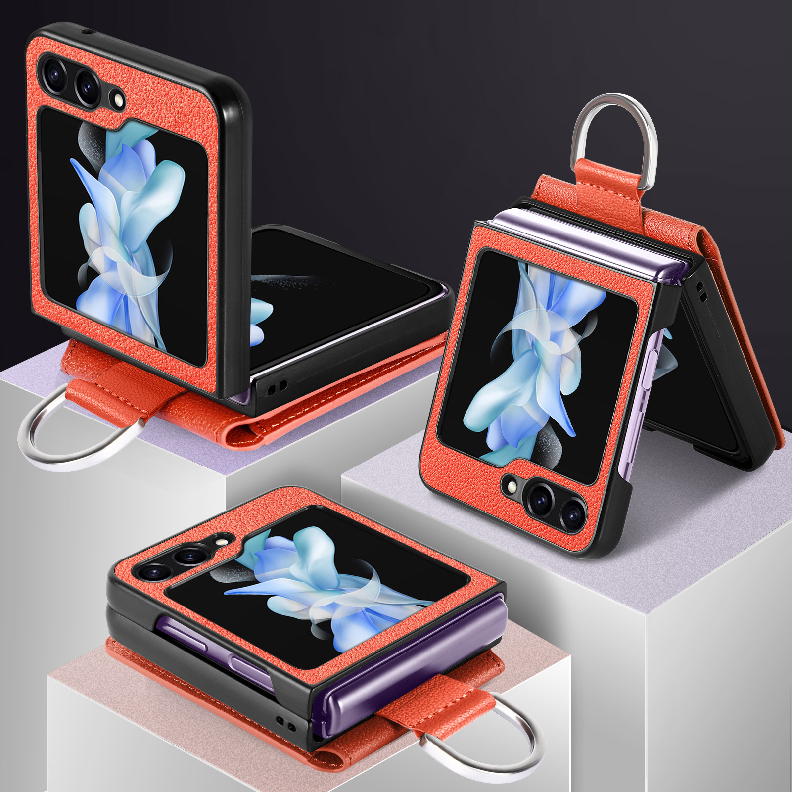 Compatible with Samsung Z Flip 8/7 phone case, 6/5 ring card holder, 4/3 folding screen, drop-proof protective case