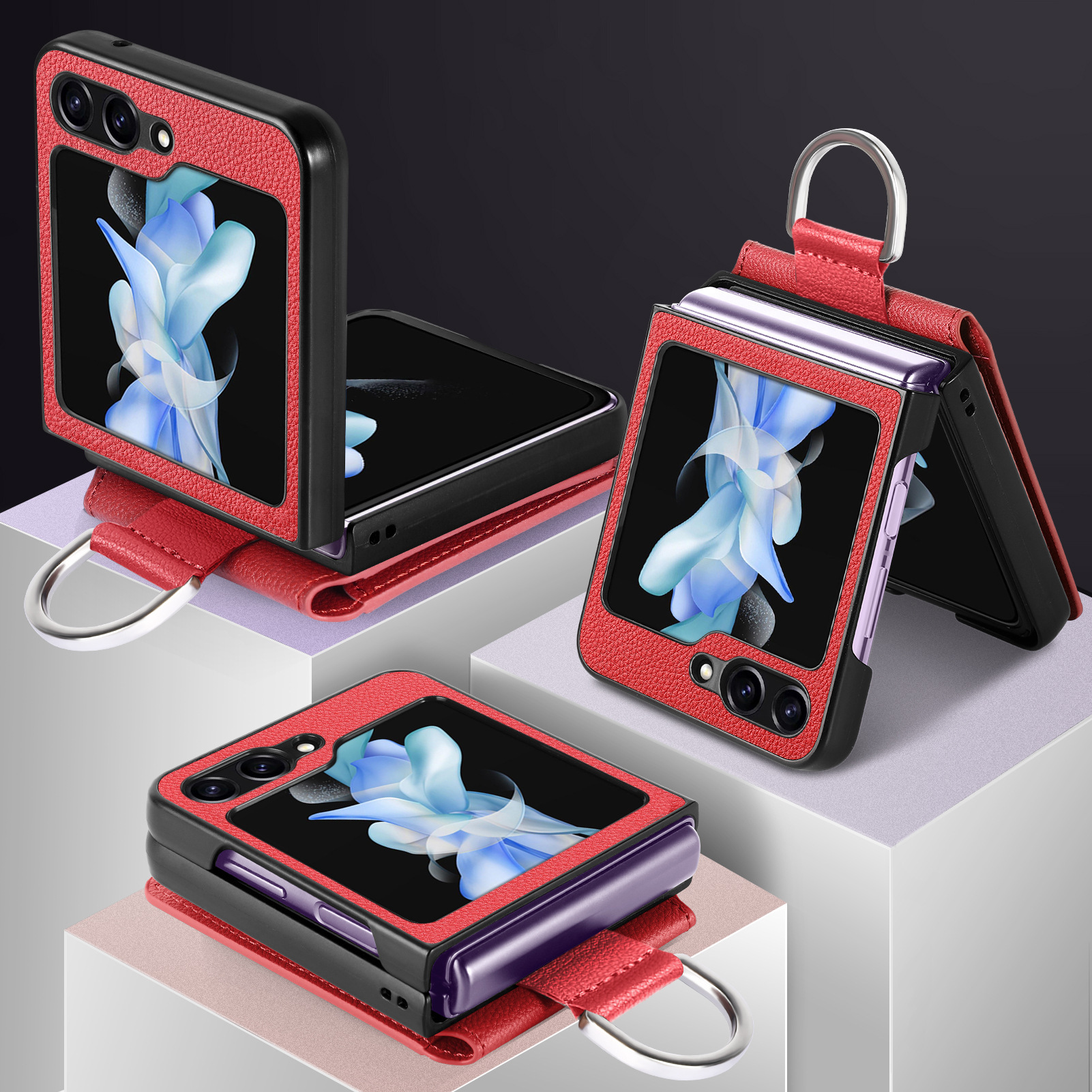 Compatible with Samsung Z Flip 8/7 phone case, 6/5 ring card holder, 4/3 folding screen, drop-proof protective case