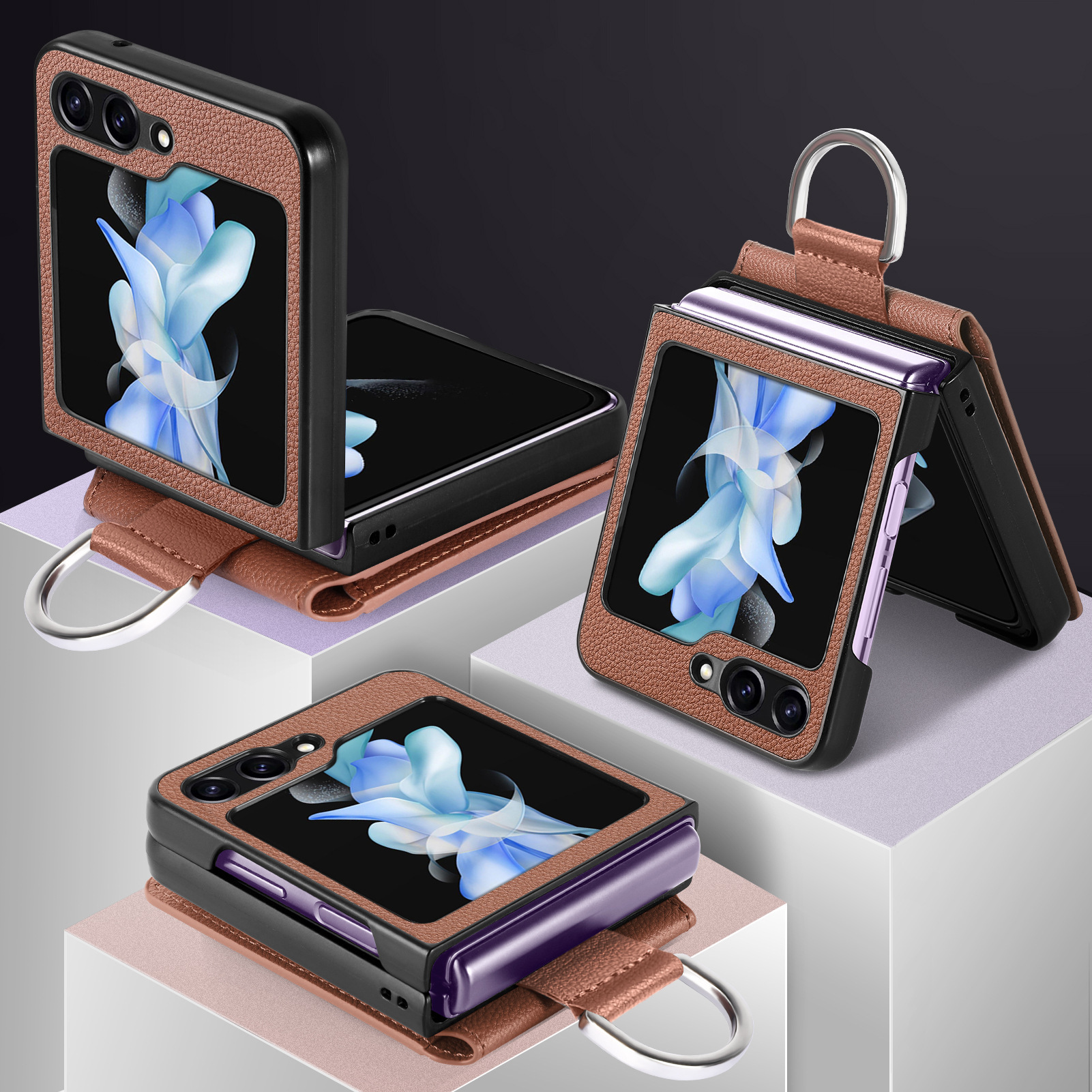Compatible with Samsung Z Flip 8/7 phone case, 6/5 ring card holder, 4/3 folding screen, drop-proof protective case