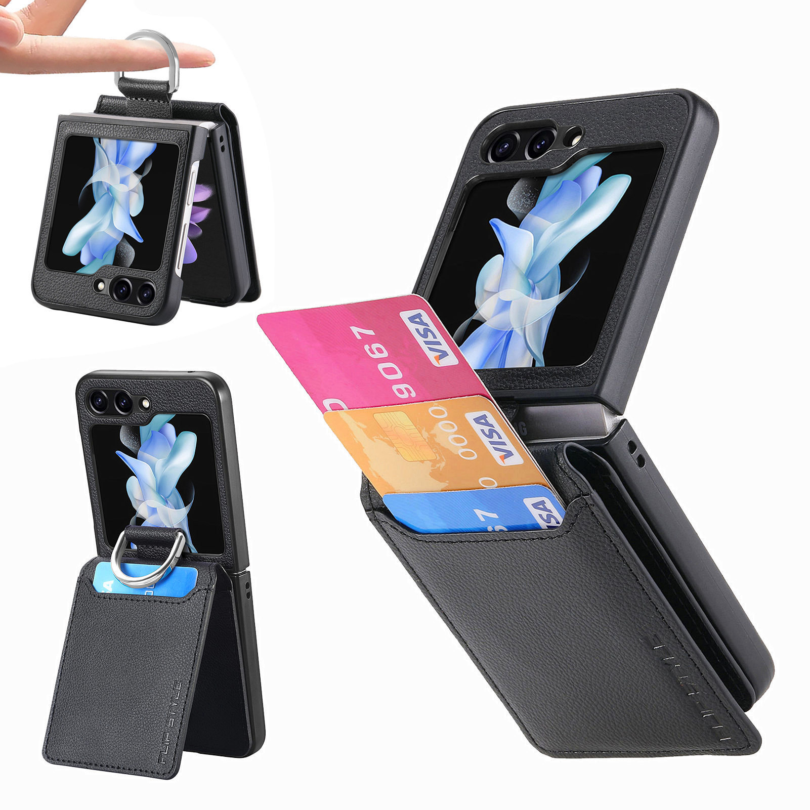 Compatible with Samsung Z Flip 8/7 phone case, 6/5 ring card holder, 4/3 folding screen, drop-proof protective case