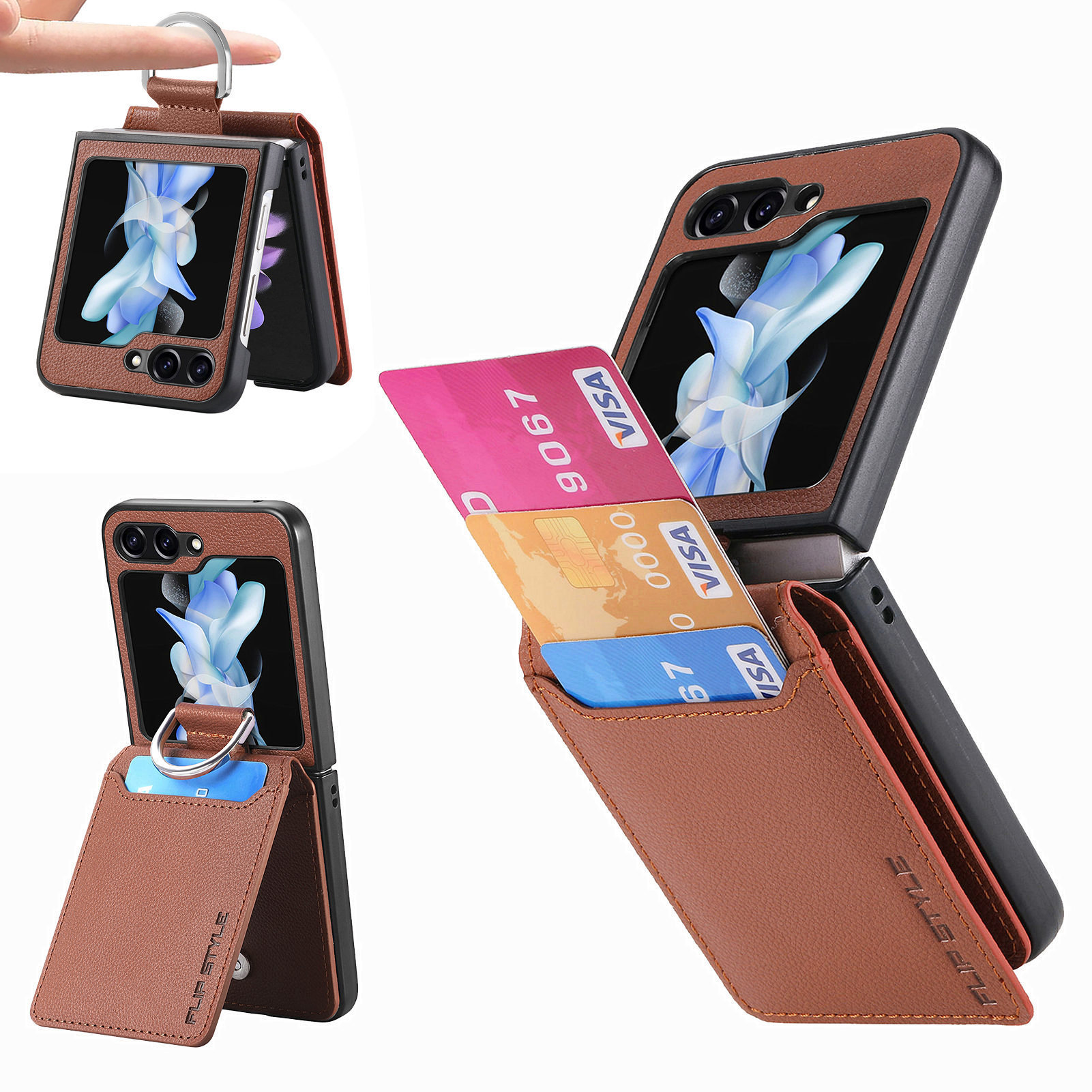 Compatible with Samsung Z Flip 8/7 phone case, 6/5 ring card holder, 4/3 folding screen, drop-proof protective case