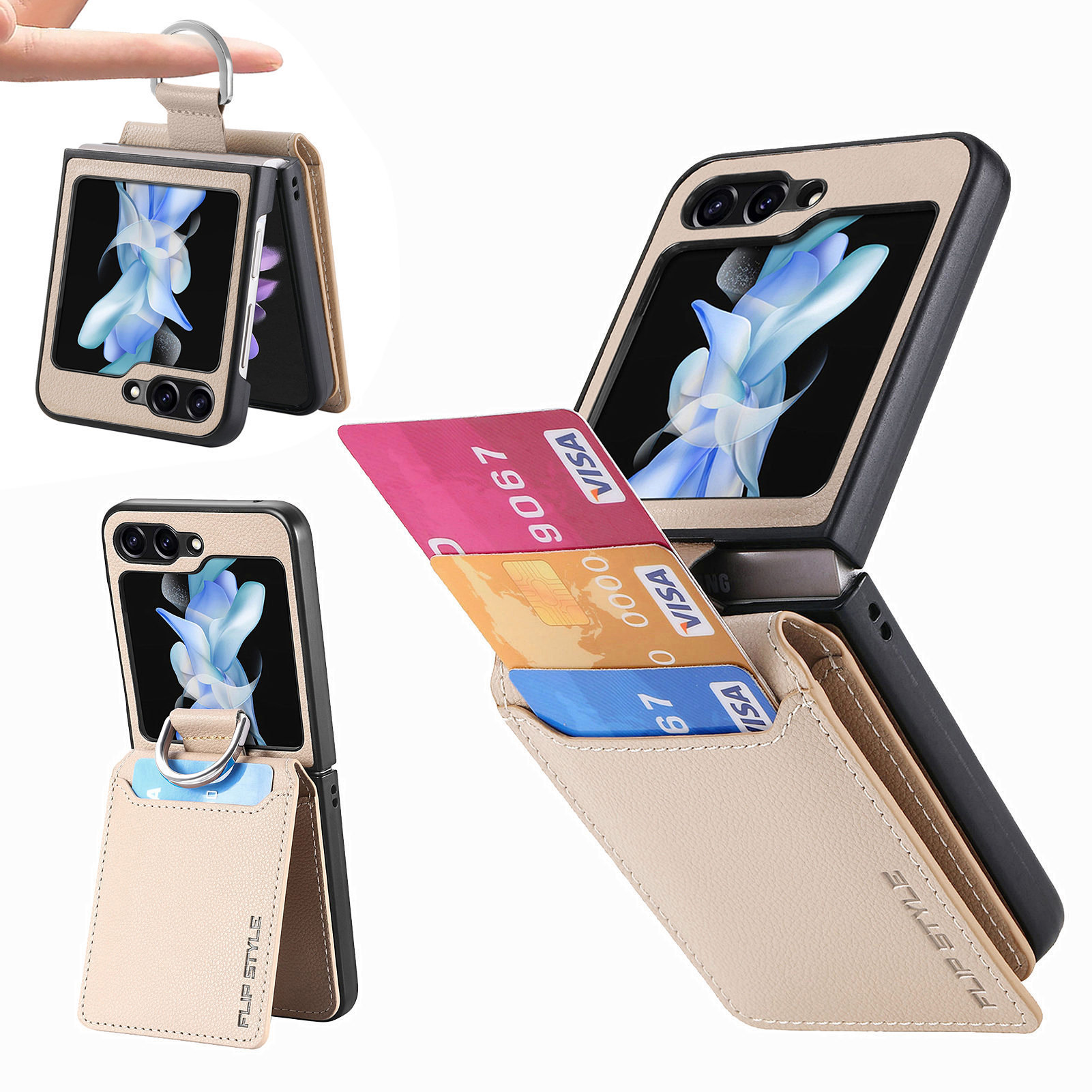 Compatible with Samsung Z Flip 8/7 phone case, 6/5 ring card holder, 4/3 folding screen, drop-proof protective case