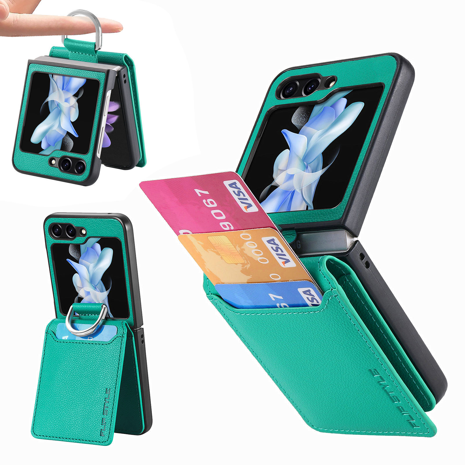 Compatible with Samsung Z Flip 8/7 phone case, 6/5 ring card holder, 4/3 folding screen, drop-proof protective case