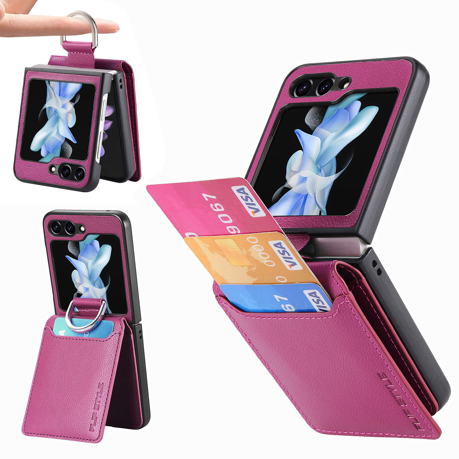 Compatible with Samsung Z Flip 8/7 phone case, 6/5 ring card holder, 4/3 folding screen, drop-proof protective case