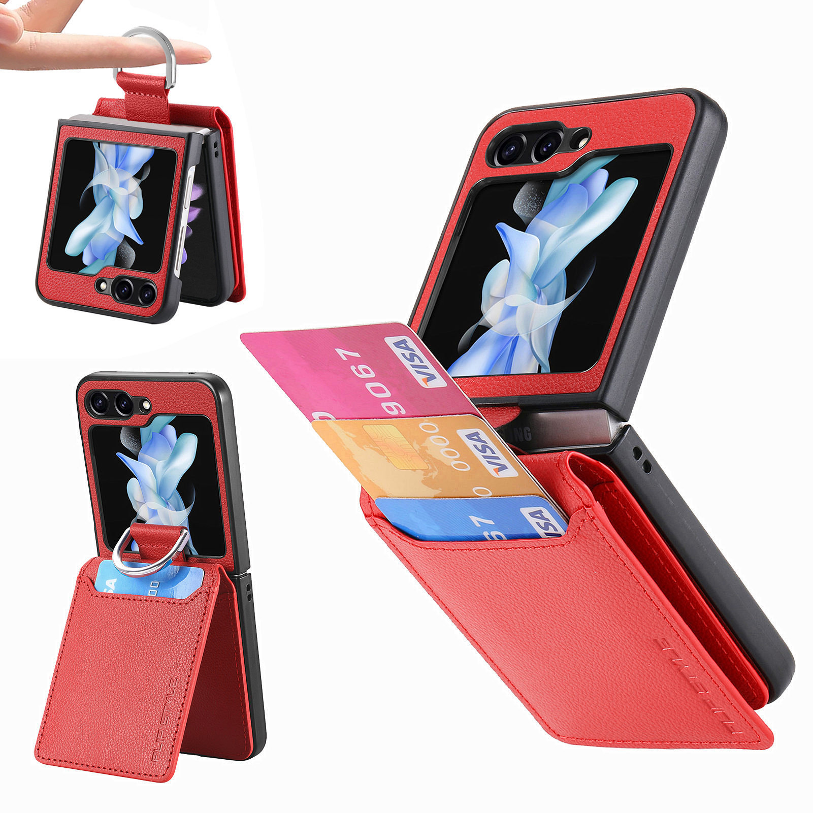 Compatible with Samsung Z Flip 8/7 phone case, 6/5 ring card holder, 4/3 folding screen, drop-proof protective case