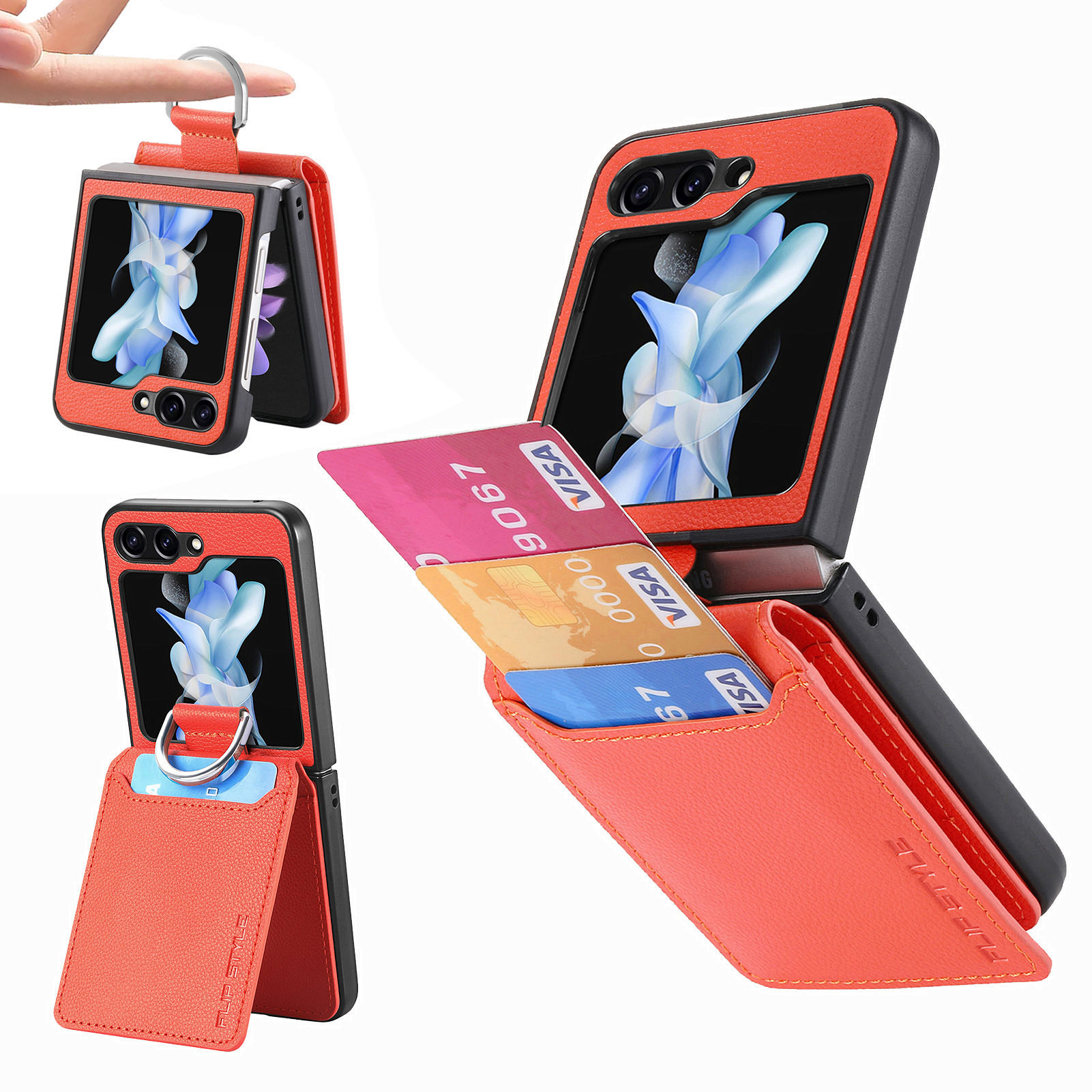 Compatible with Samsung Z Flip 8/7 phone case, 6/5 ring card holder, 4/3 folding screen, drop-proof protective case