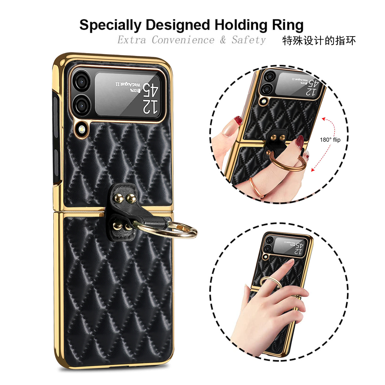Compatible with Samsung Z Flip 8/7 phone case, 6/5-inch electroplated ring, Chanel-style 4/3-inch folding screen, drop-proof protective case.