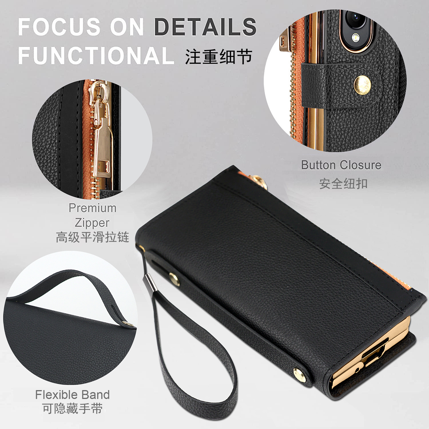 Compatible with Samsung Z Fold7/6/5 phone case, 4/3/2 zipper, card slot, wallet case, full-coverage protective case, cross-border e-commerce.