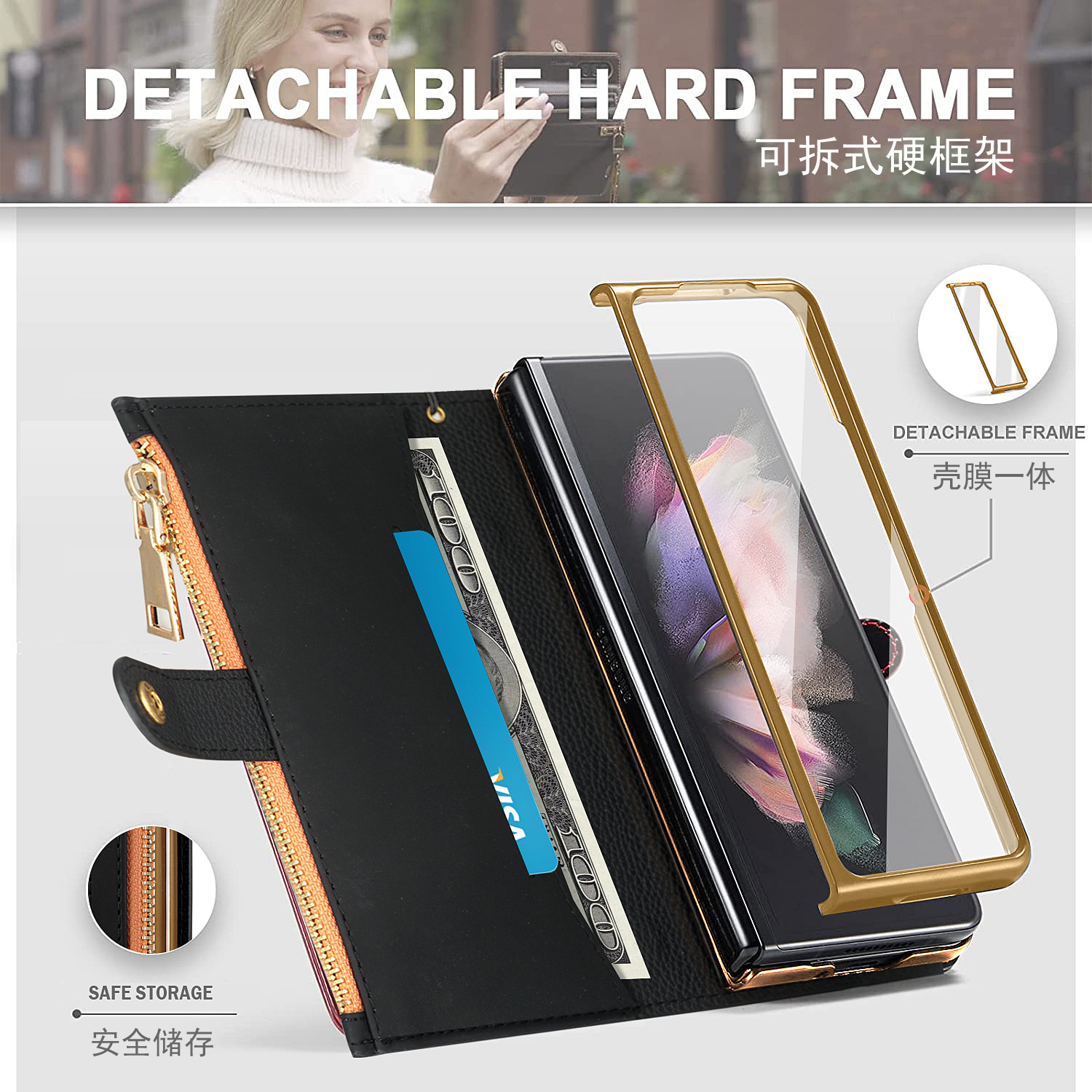 Compatible with Samsung Z Fold7/6/5 phone case, 4/3/2 zipper, card slot, wallet case, full-coverage protective case, cross-border e-commerce.