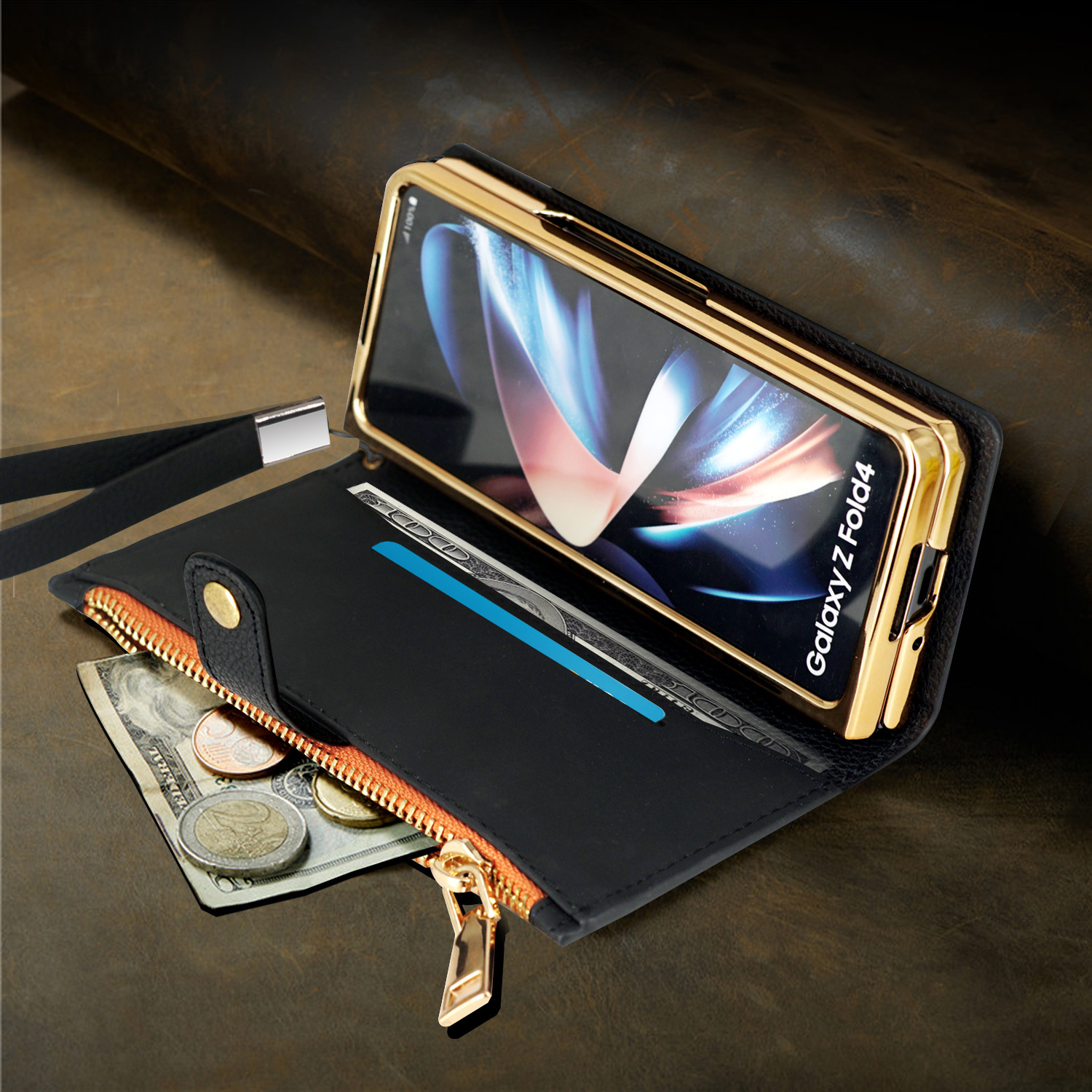 Compatible with Samsung Z Fold7/6/5 phone case, 4/3/2 zipper, card slot, wallet case, full-coverage protective case, cross-border e-commerce.