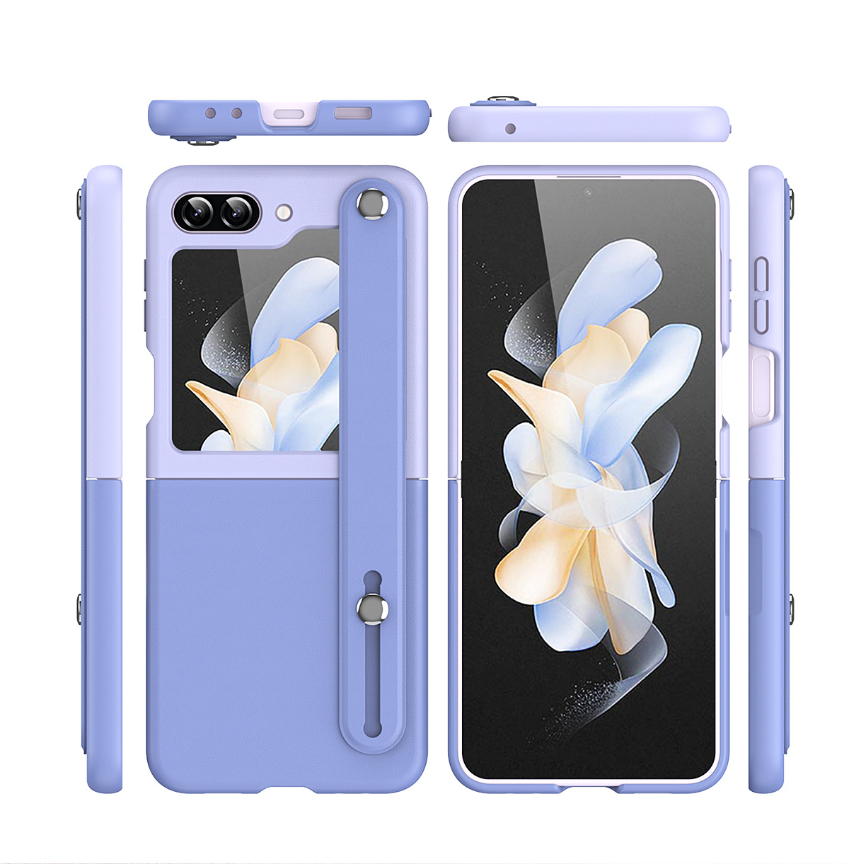 Compatible with Samsung Z Flip 6/5 phone case, folding Flip 4/3 color-blocked integrated wrist strap, stylish and shockproof protective case.