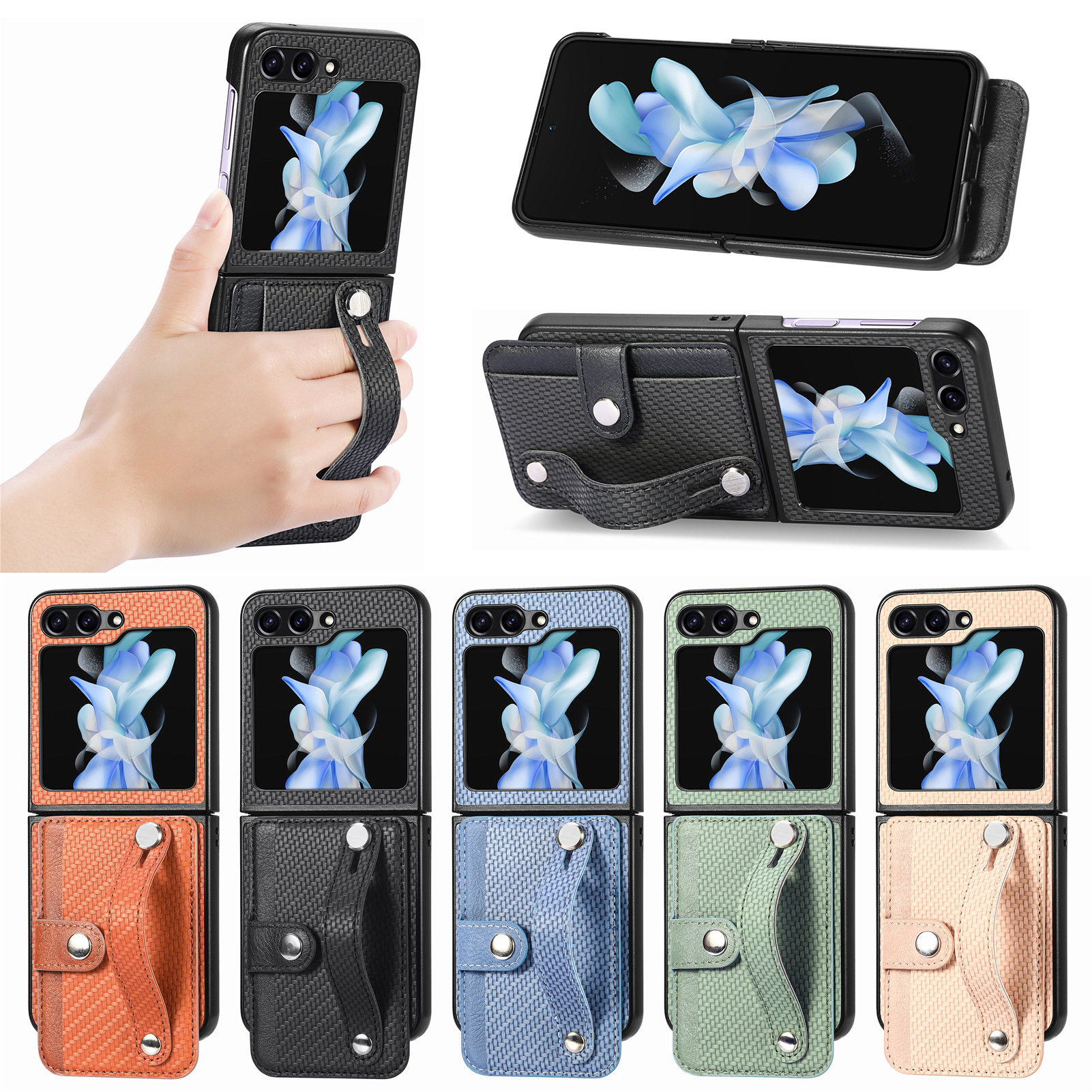 Compatible with Samsung Z Flip 8/7 phone case, 6/5 wrist strap, stand, card holder, Razr70U fiber texture protective case